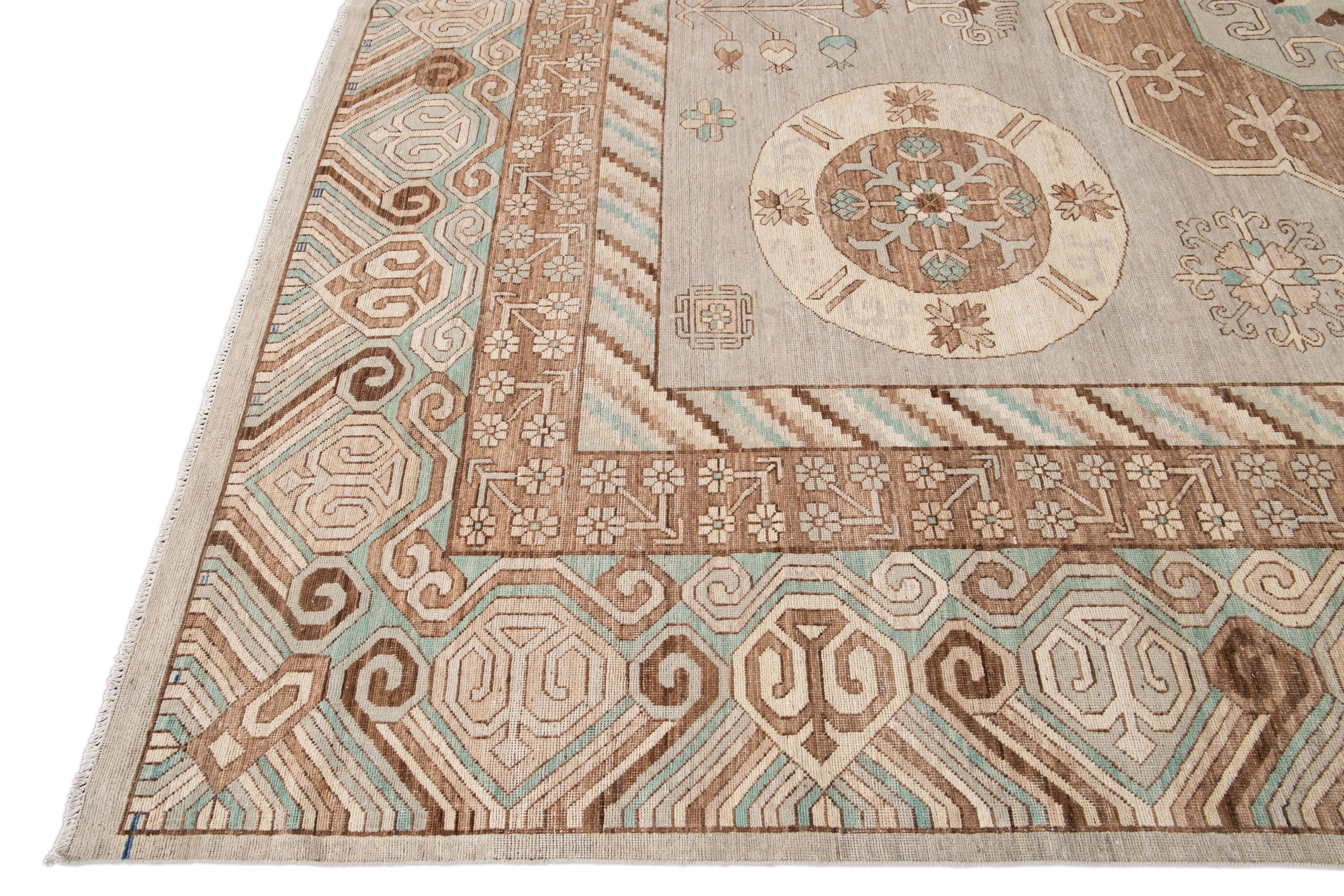 Hand-Knotted Beige Modern Khotan Style Handmade Wool Rug For Sale