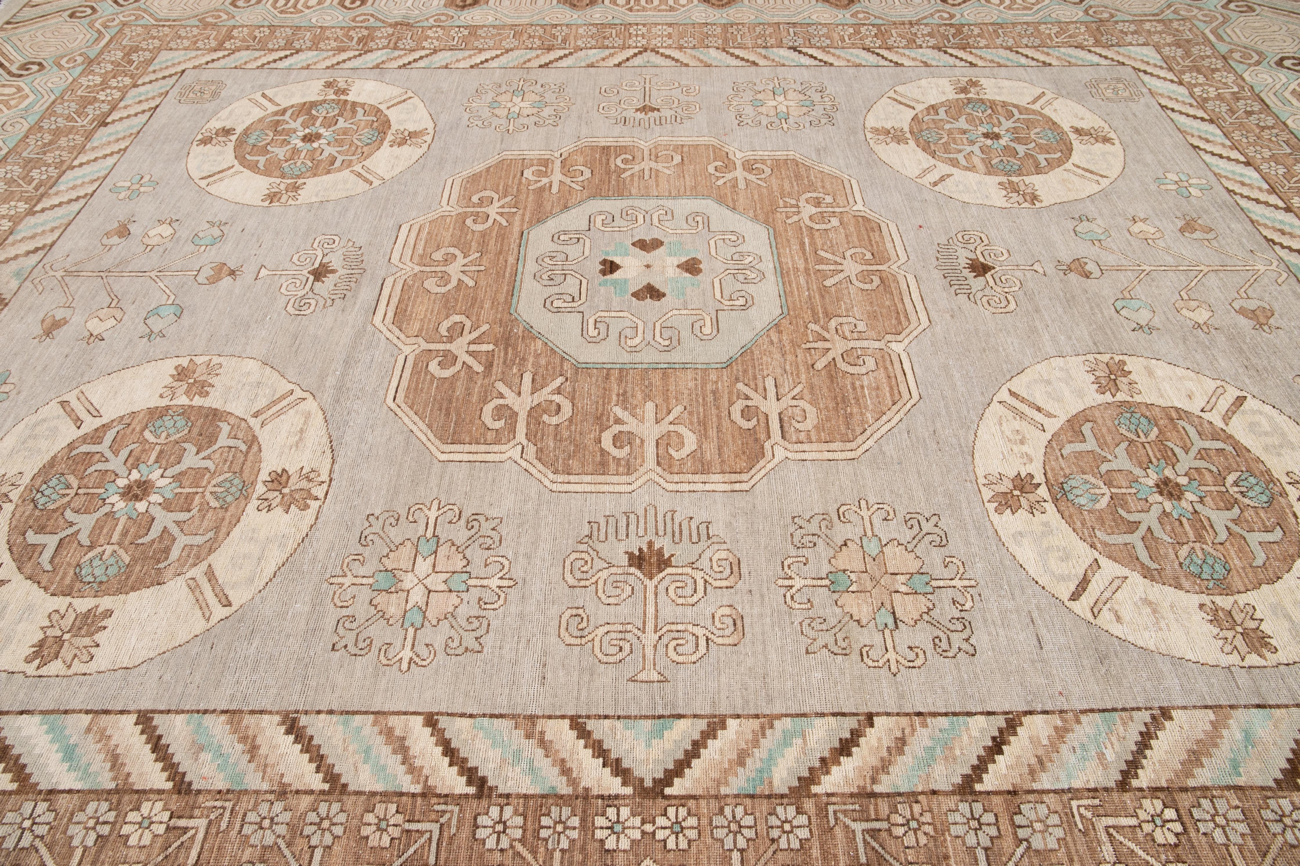 Beige Modern Khotan Style Handmade Wool Rug For Sale 1