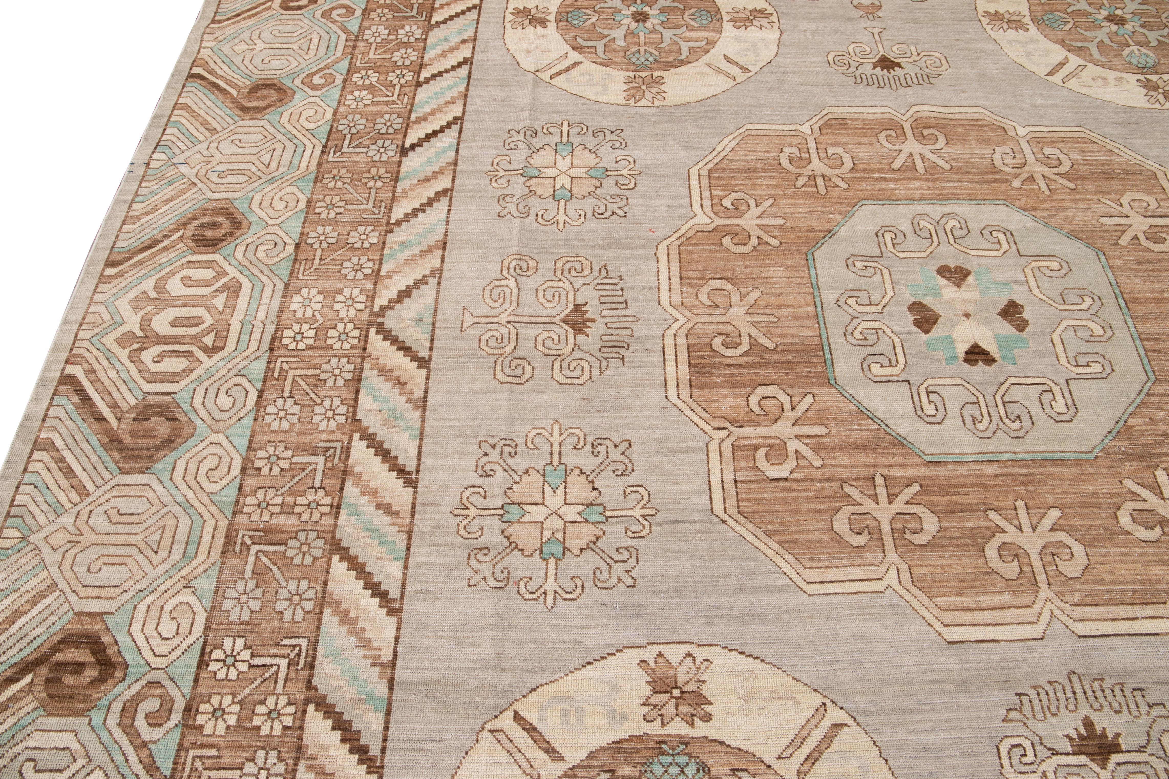 Beige Modern Khotan Style Handmade Wool Rug For Sale 2