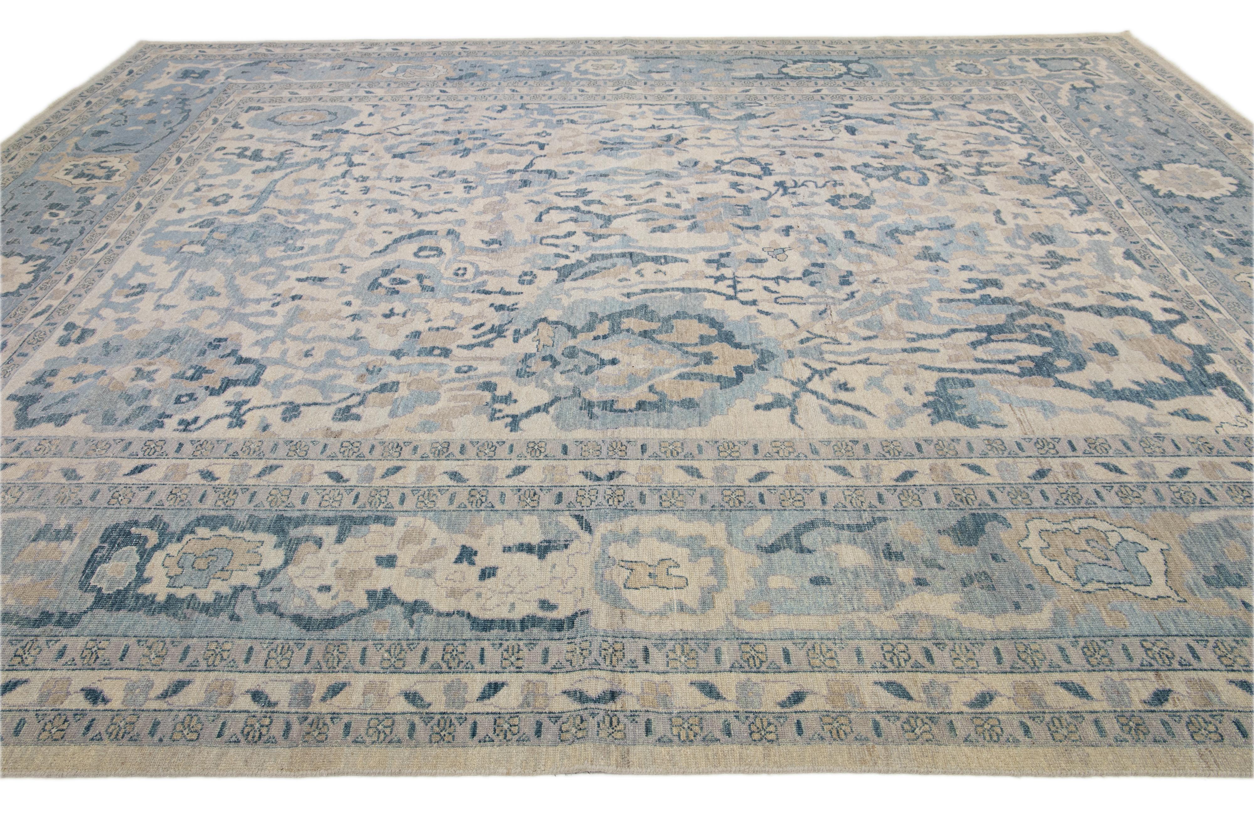 Beige Modern Khotan Style Wool Rug With Allover Blue Design In New Condition For Sale In Norwalk, CT