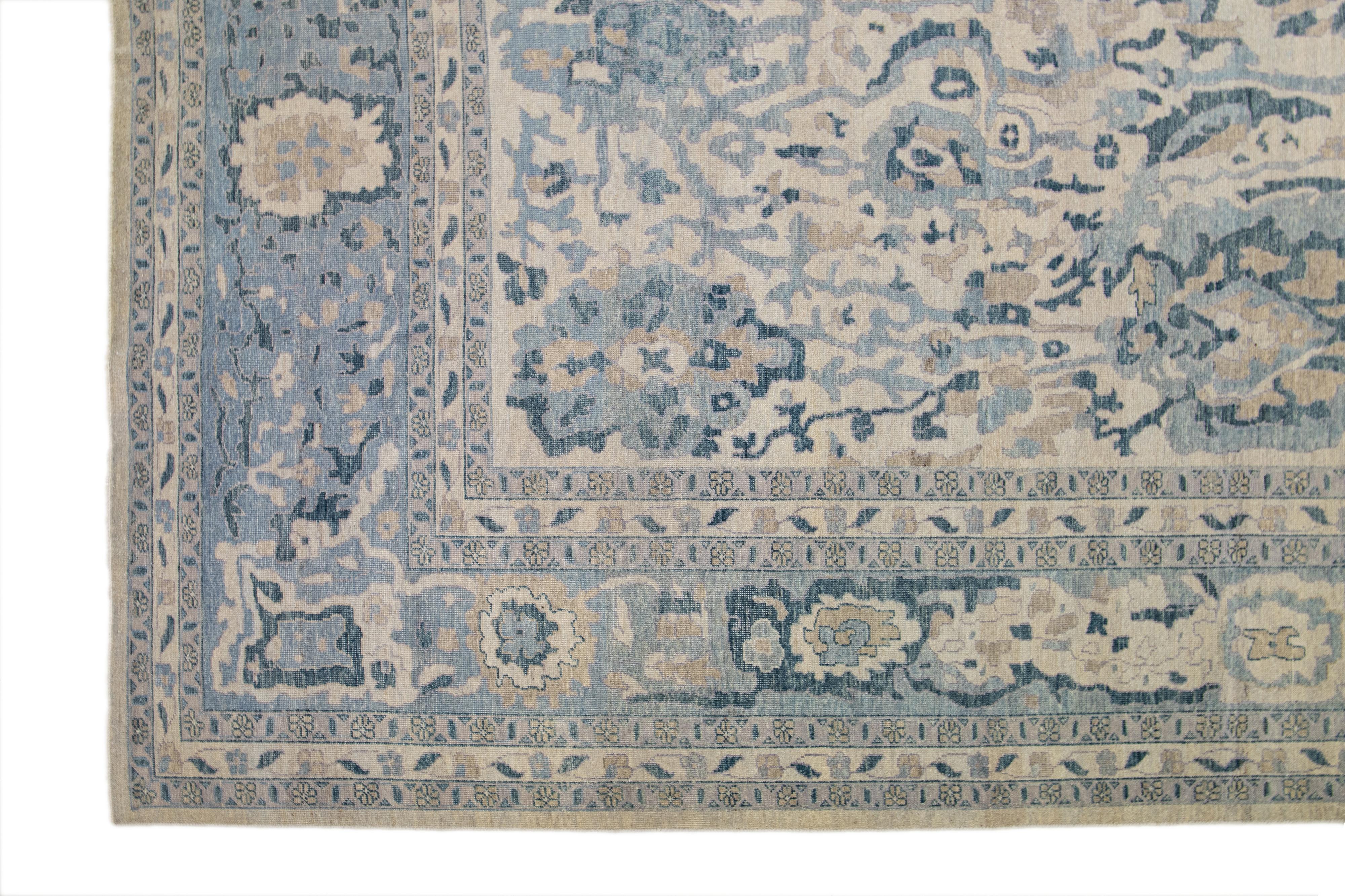 Beige Modern Khotan Style Wool Rug With Allover Blue Design For Sale 1