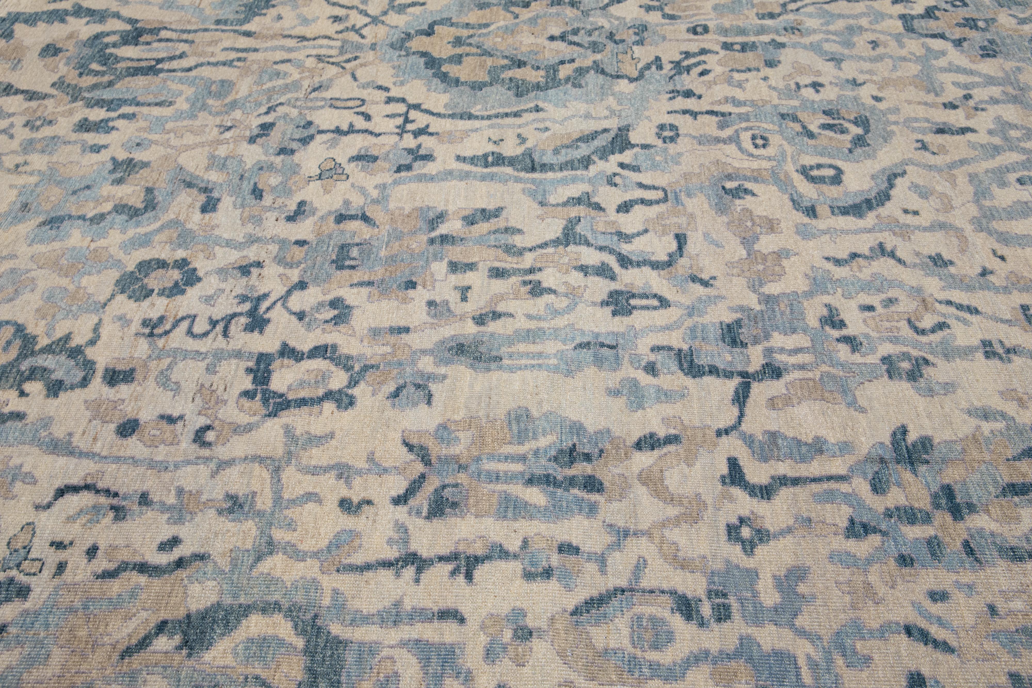 Beige Modern Khotan Style Wool Rug With Allover Blue Design For Sale 2