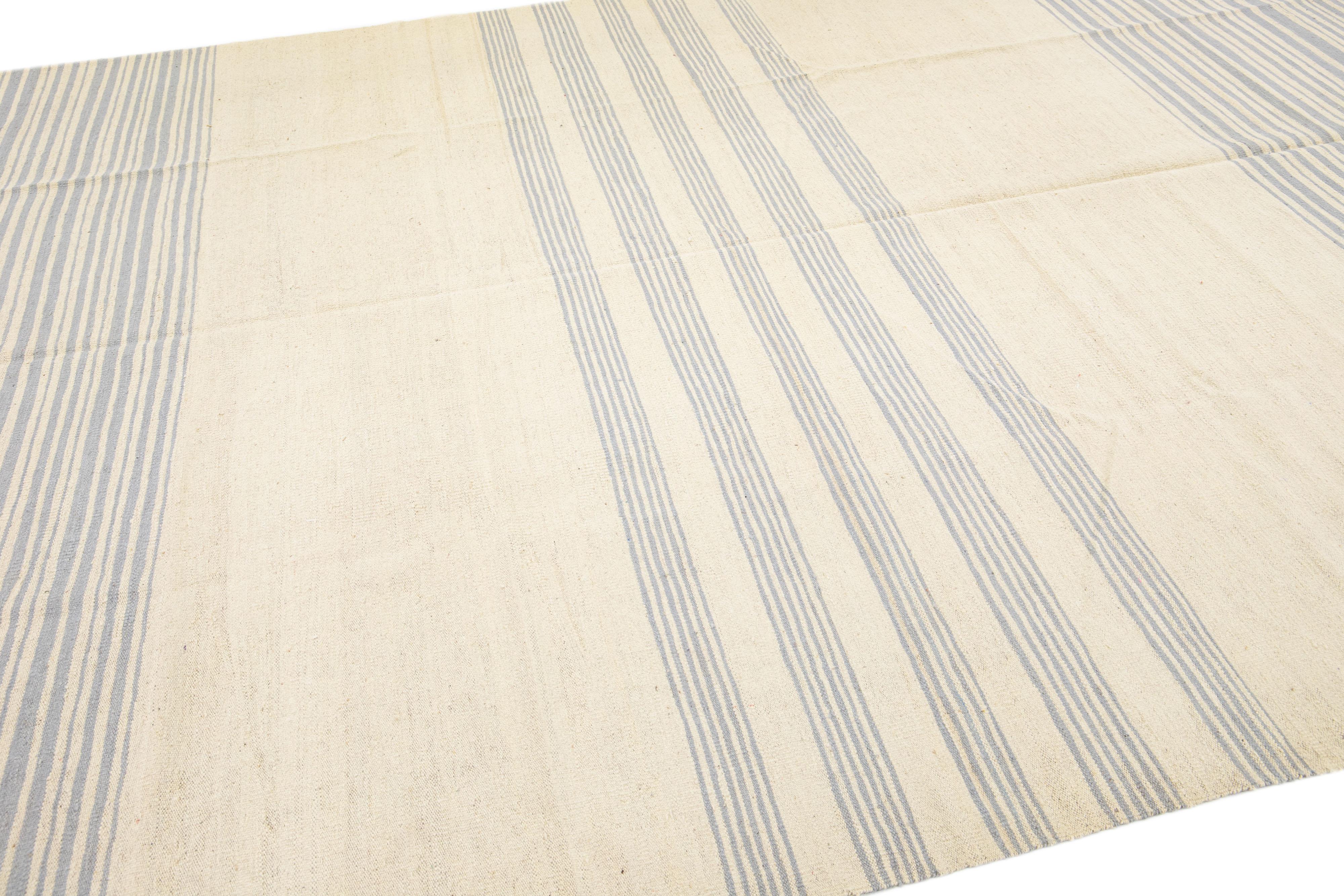 Hand-Knotted Beige Modern Kilim Flat-Weave Striped Wool Rug For Sale