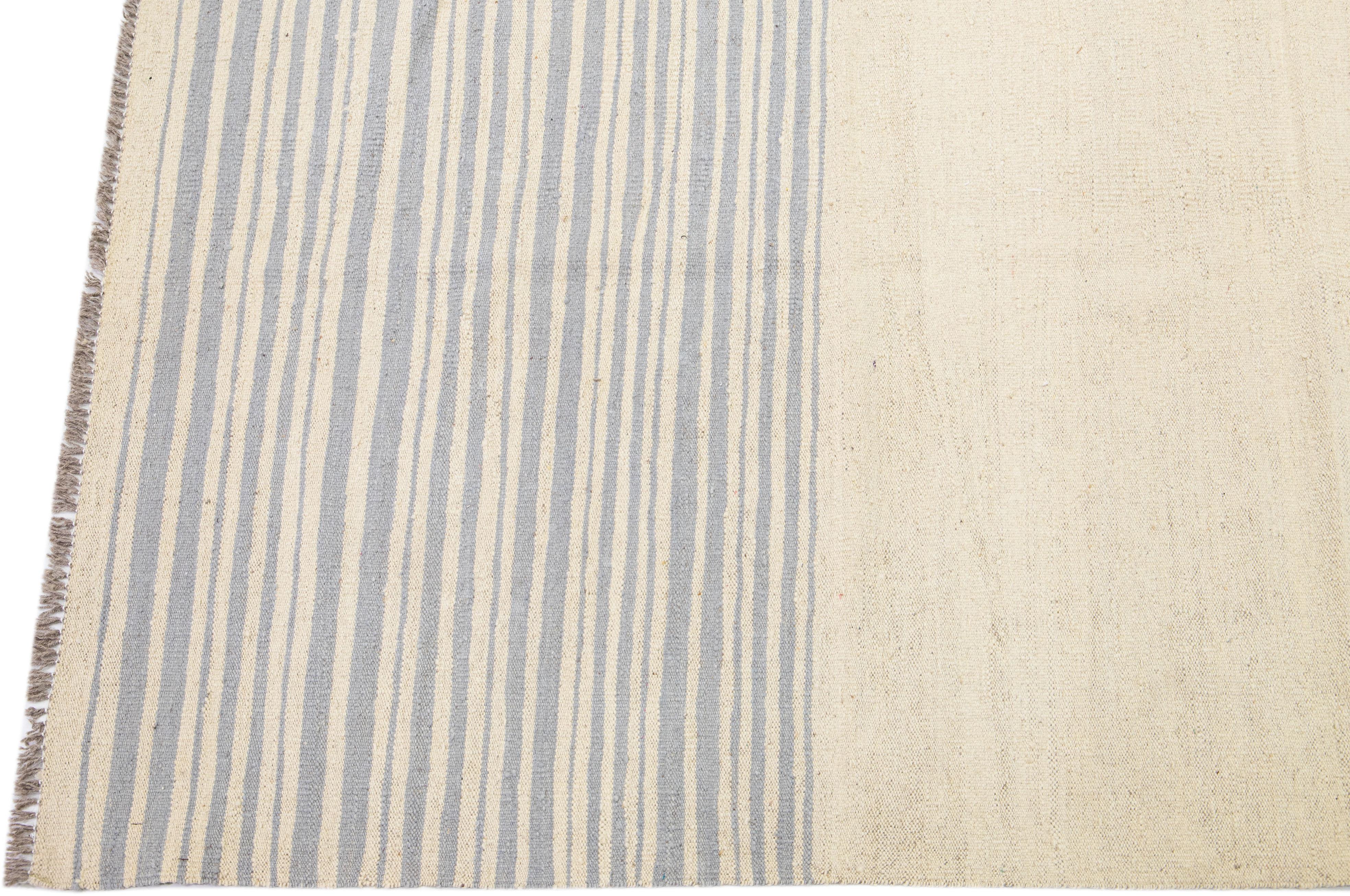 Beige Modern Kilim Flat-Weave Striped Wool Rug In New Condition For Sale In Norwalk, CT