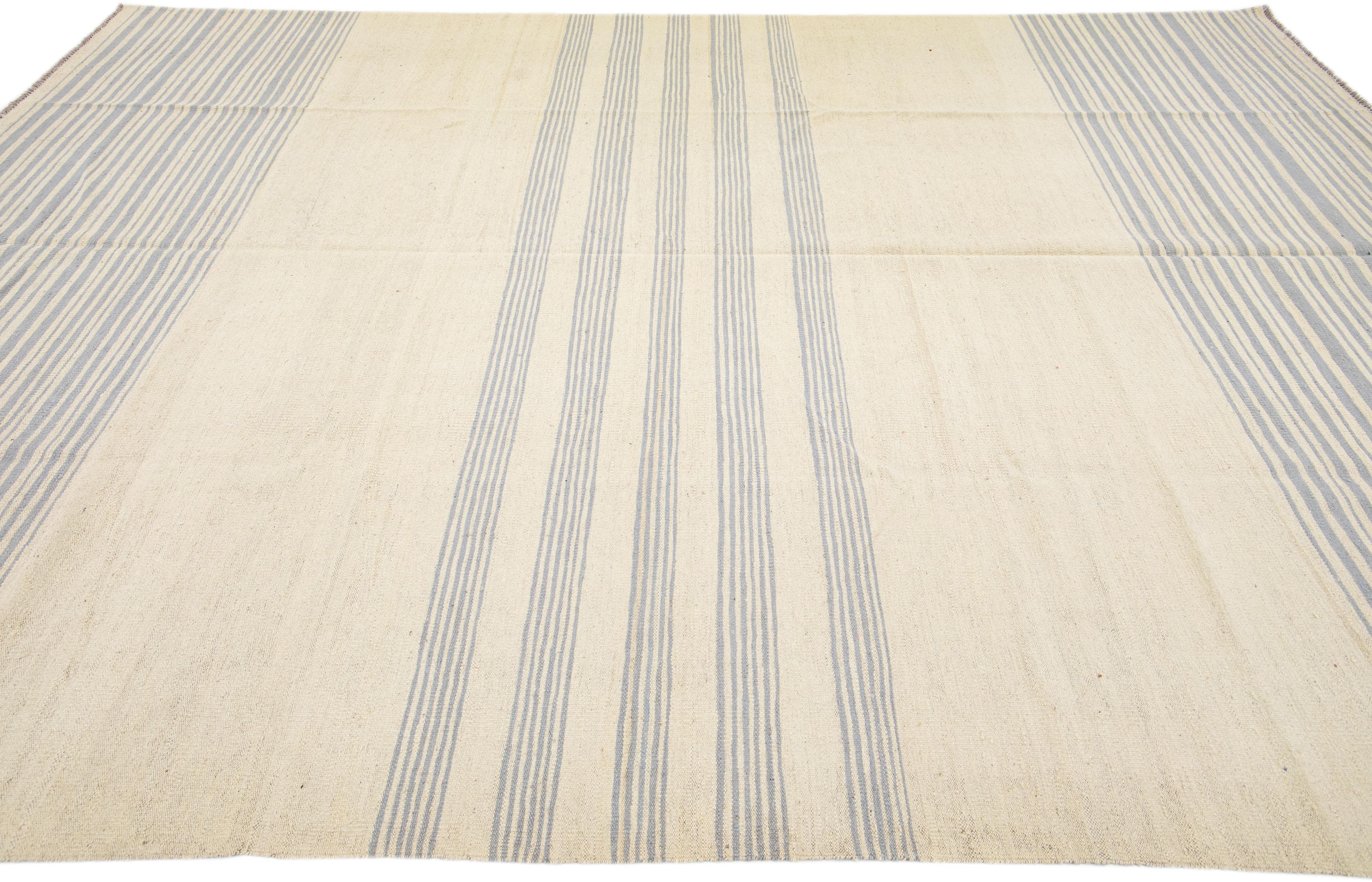 Contemporary Beige Modern Kilim Flat-Weave Striped Wool Rug For Sale