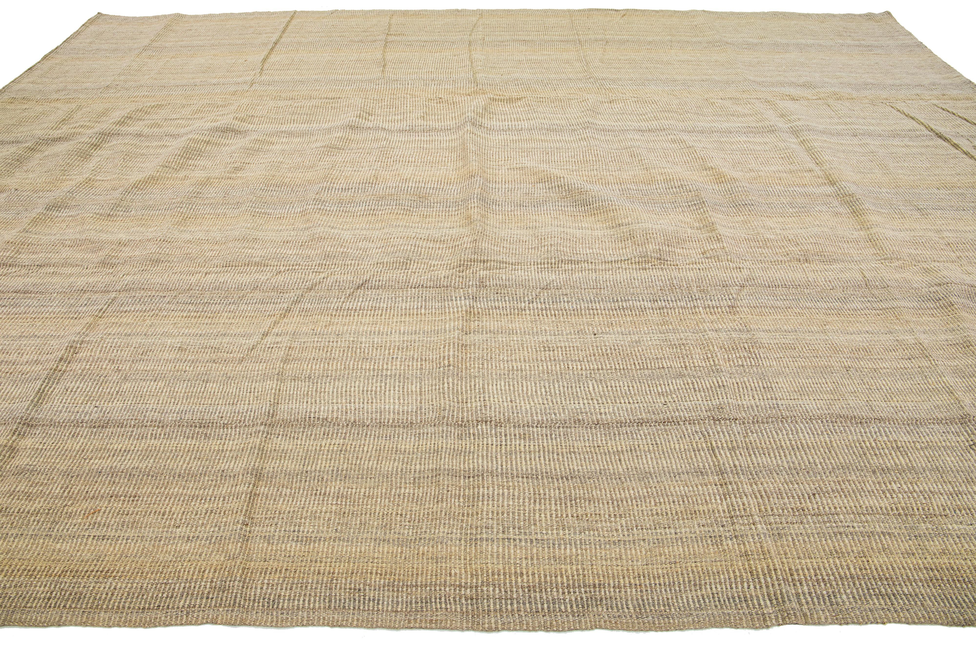 Indian Beige Modern kilim Flatweave wool rug with Stripes Pattern  For Sale