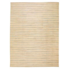 Beige Modern Kilim Handmade Abstract Striped Motif Flatweave Oversize Wool Rug