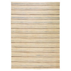 Beige Modern Kilim Handmade Striped Pattern Flatweave Wool Rug