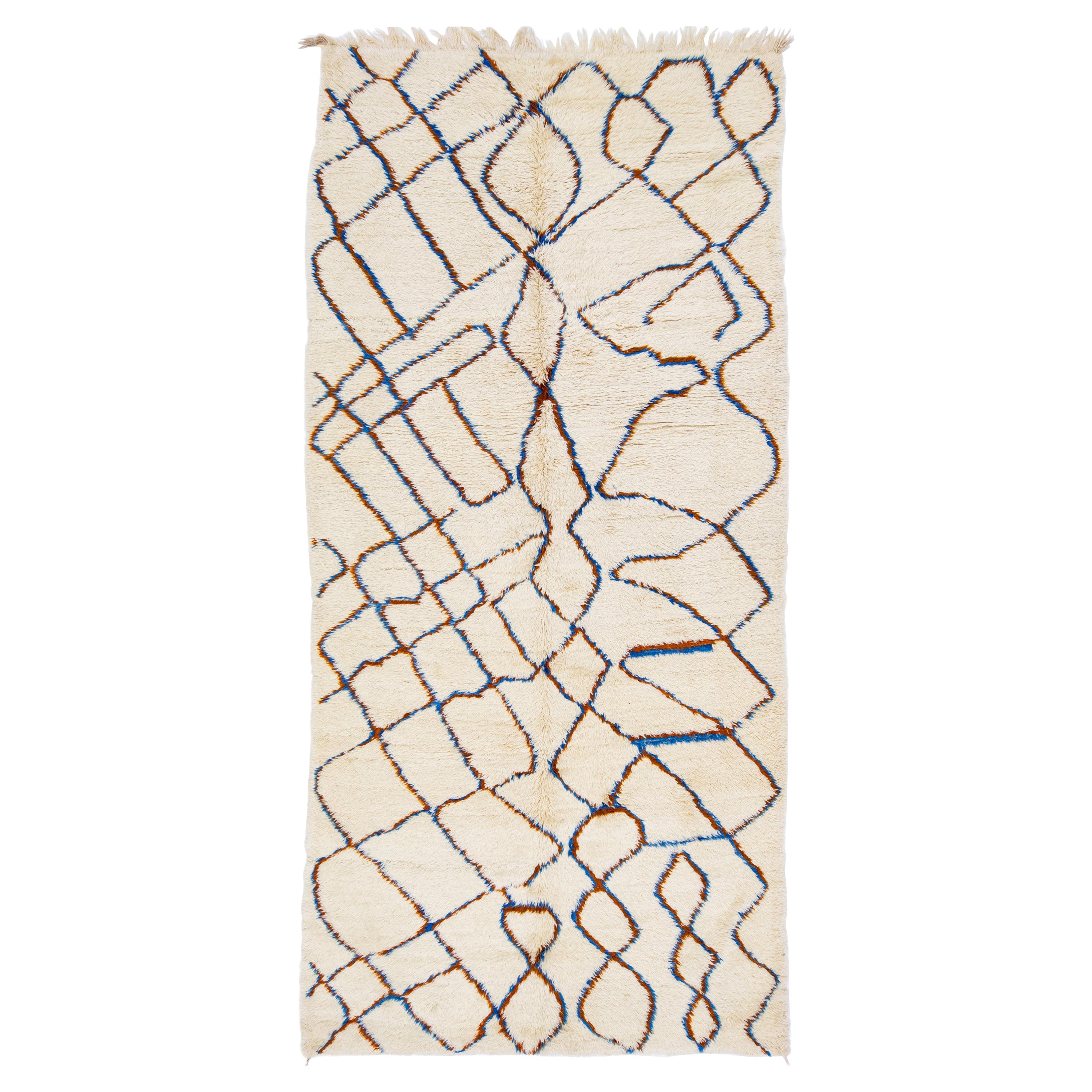 Tapis marocain moderne en laine tribale beige fait à la main