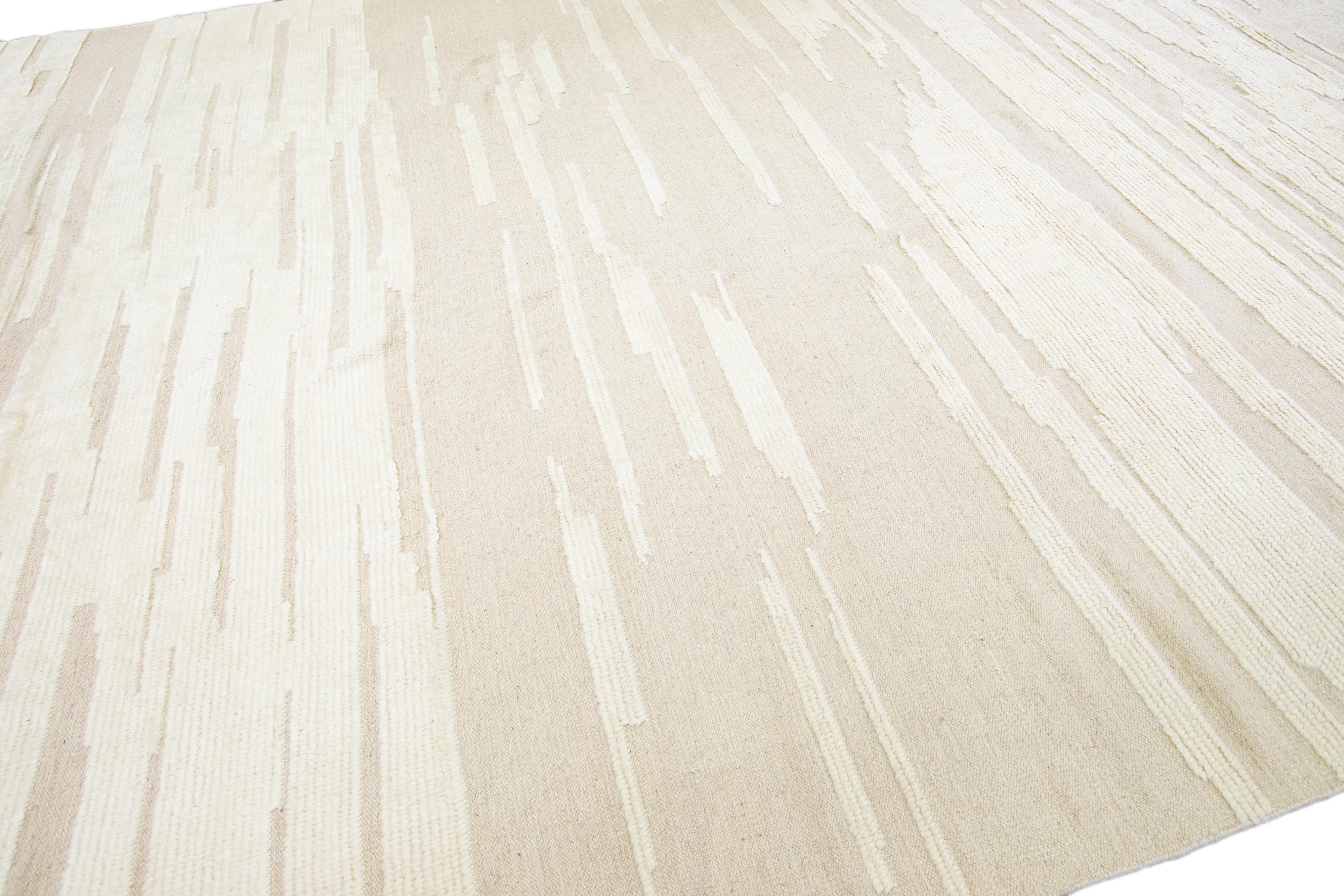 Beige Modern Moroccan Style Handmade Abstract Oversize Wool Rug by Apadana In New Condition For Sale In Norwalk, CT