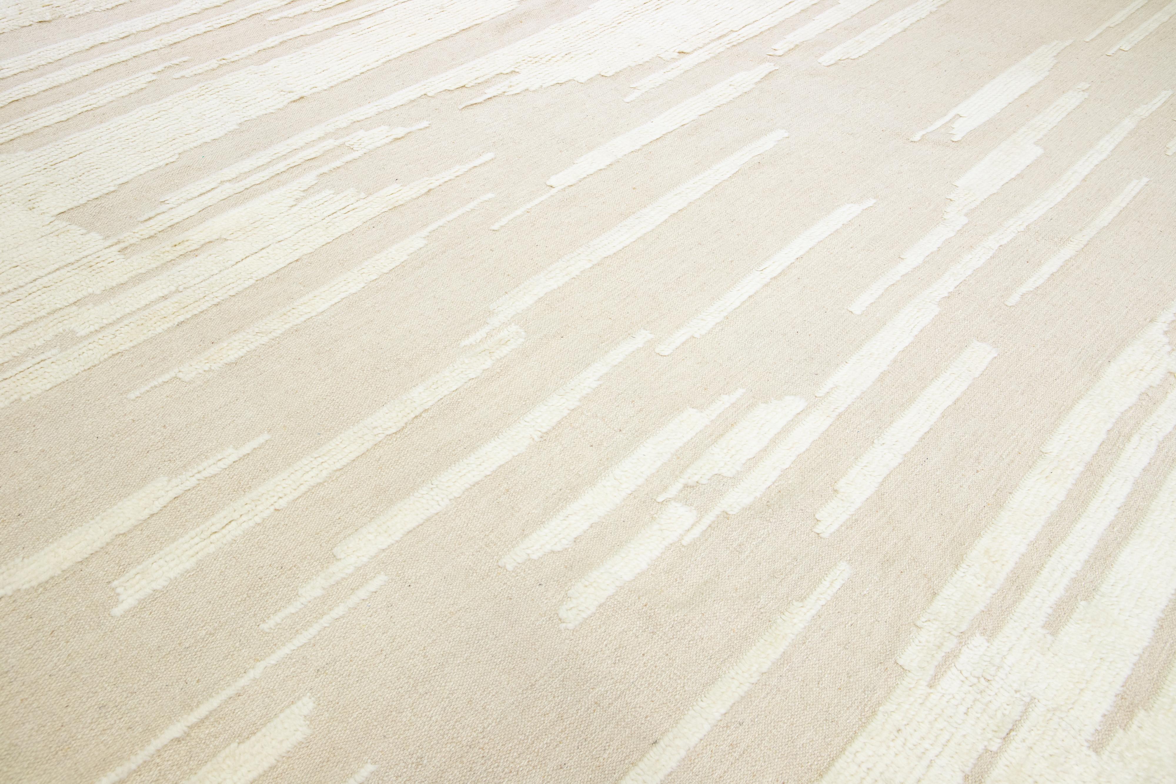 Contemporary Beige Modern Moroccan Style Handmade Abstract Oversize Wool Rug by Apadana For Sale