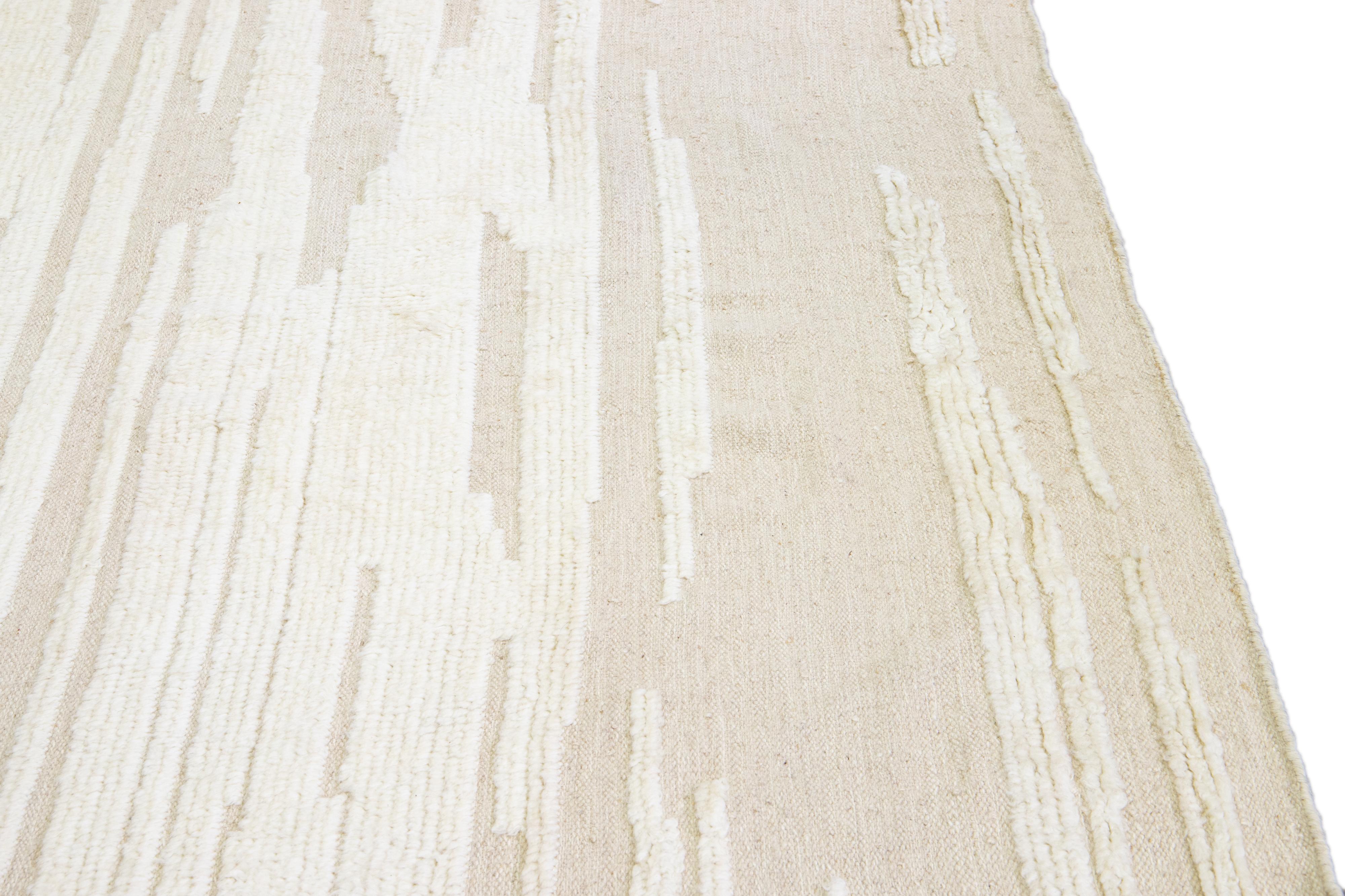 Beige Modern Moroccan Style Handmade Abstract Oversize Wool Rug by Apadana For Sale 2