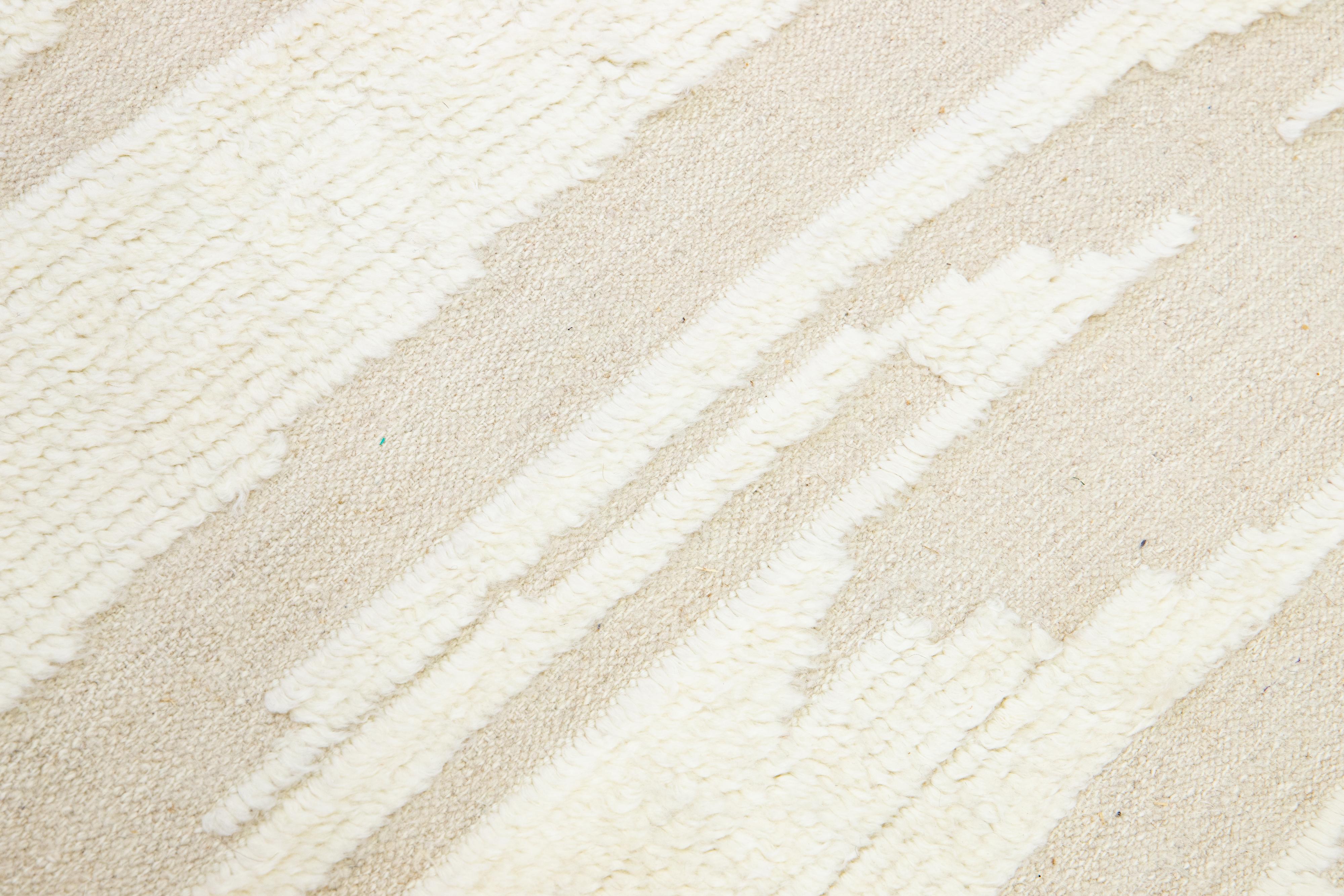Beige Modern Moroccan Style Handmade Abstract Oversize Wool Rug by Apadana For Sale 3