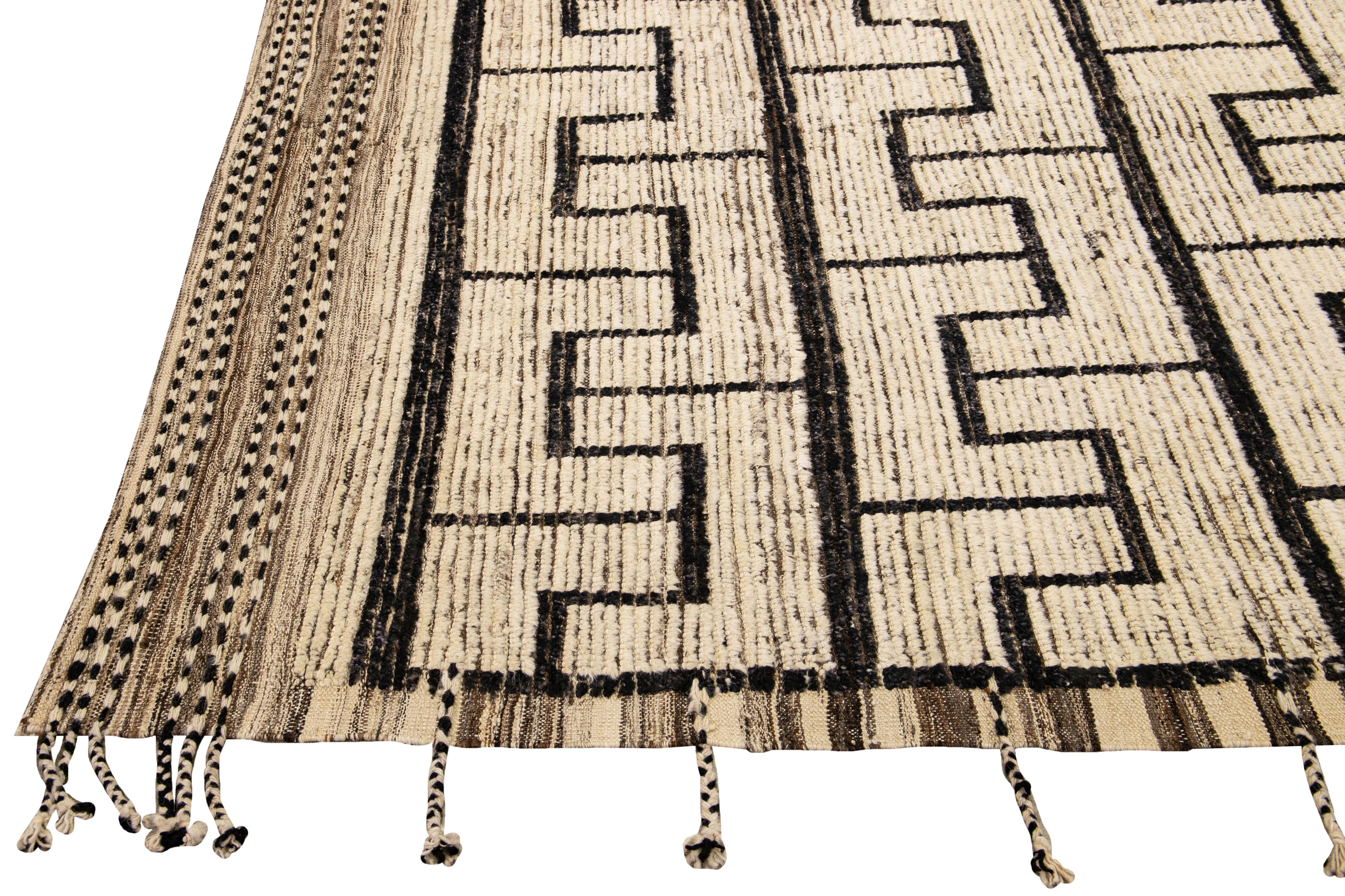 Bohemian Beige Modern Moroccan Style Handmade Black Boho Pattern Wool Rug For Sale