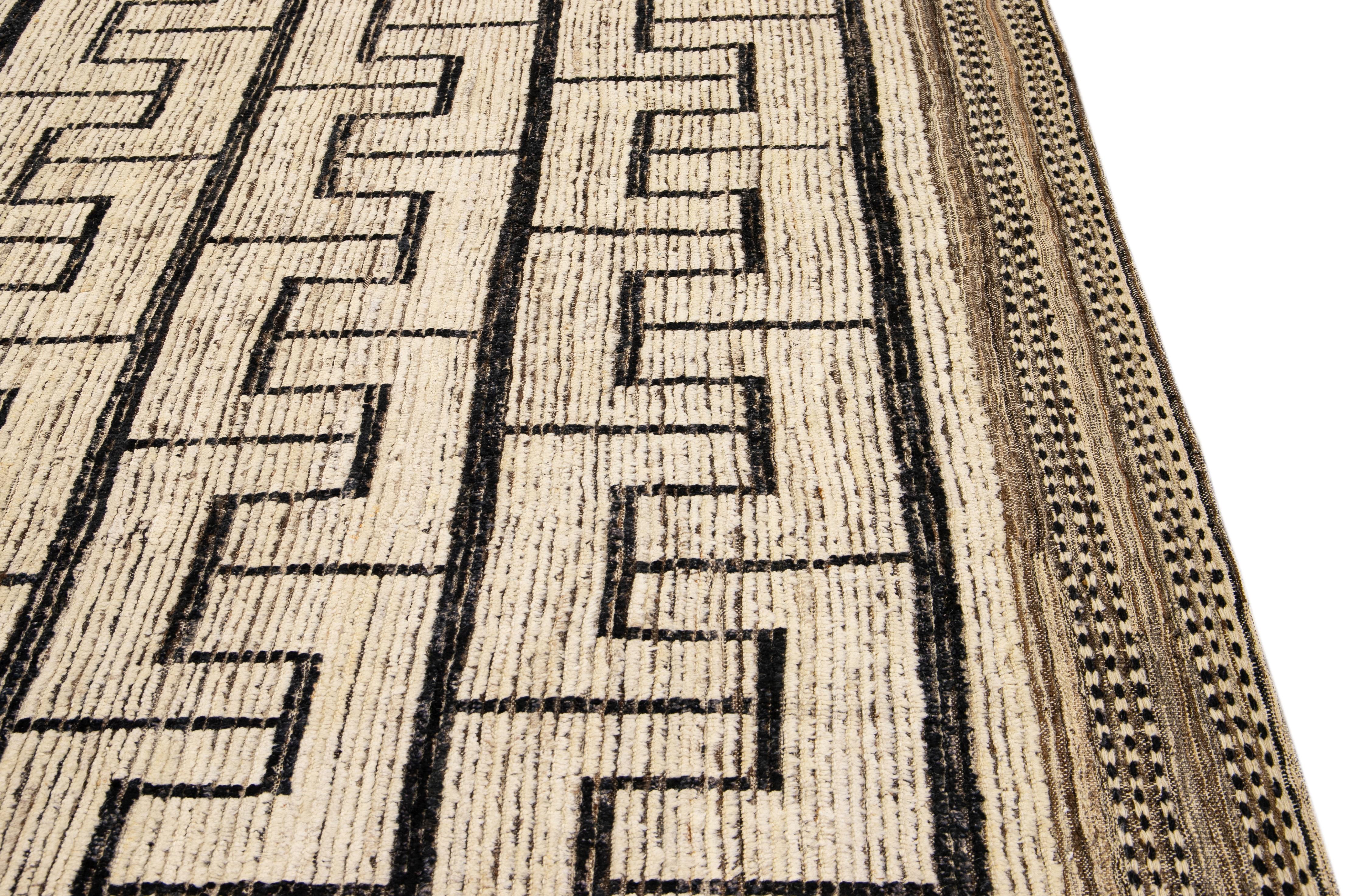 Beige Modern Moroccan Style Handmade Black Boho Pattern Wool Rug In New Condition For Sale In Norwalk, CT