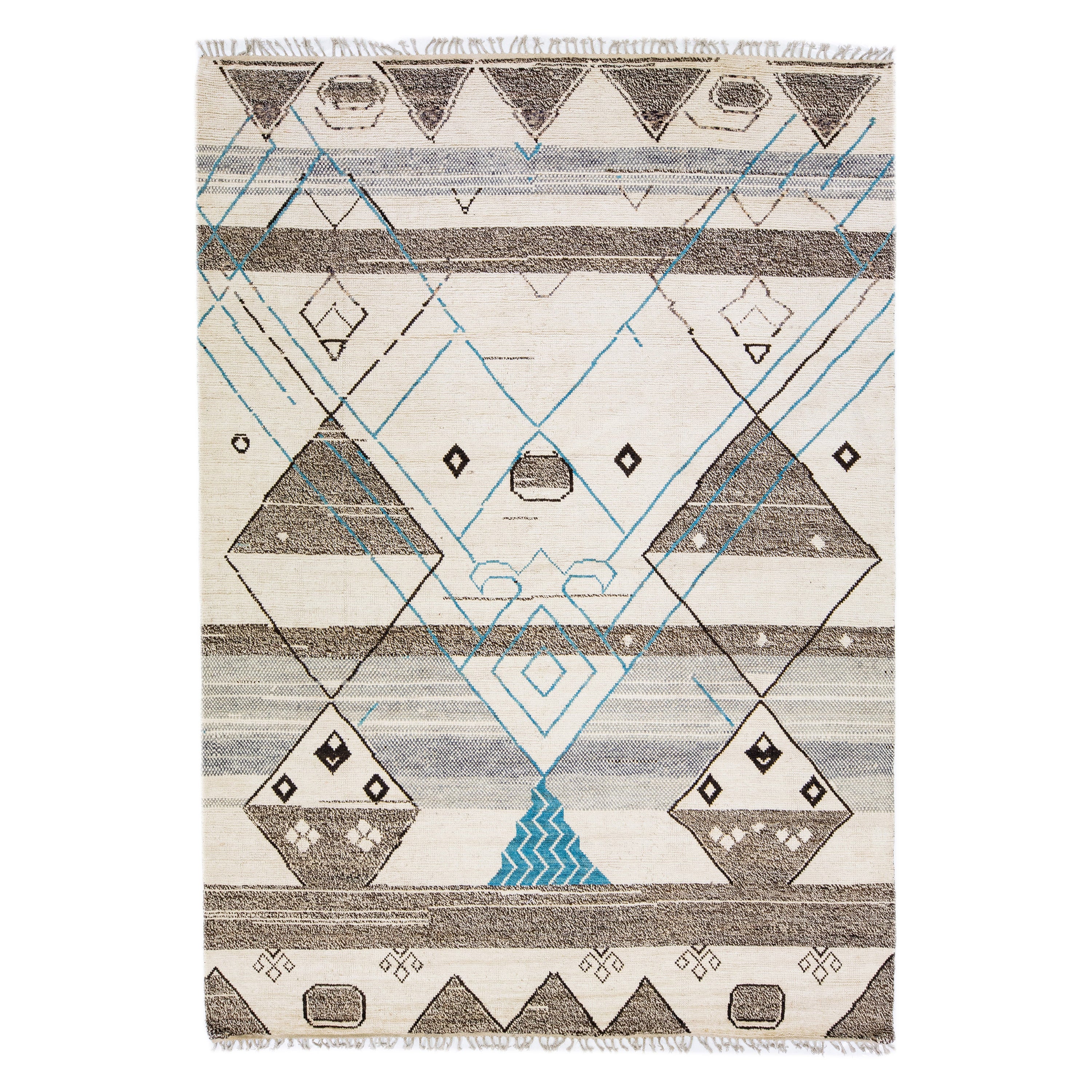 Tapis en laine beige de style marocain moderne et artisanal à motif bohème