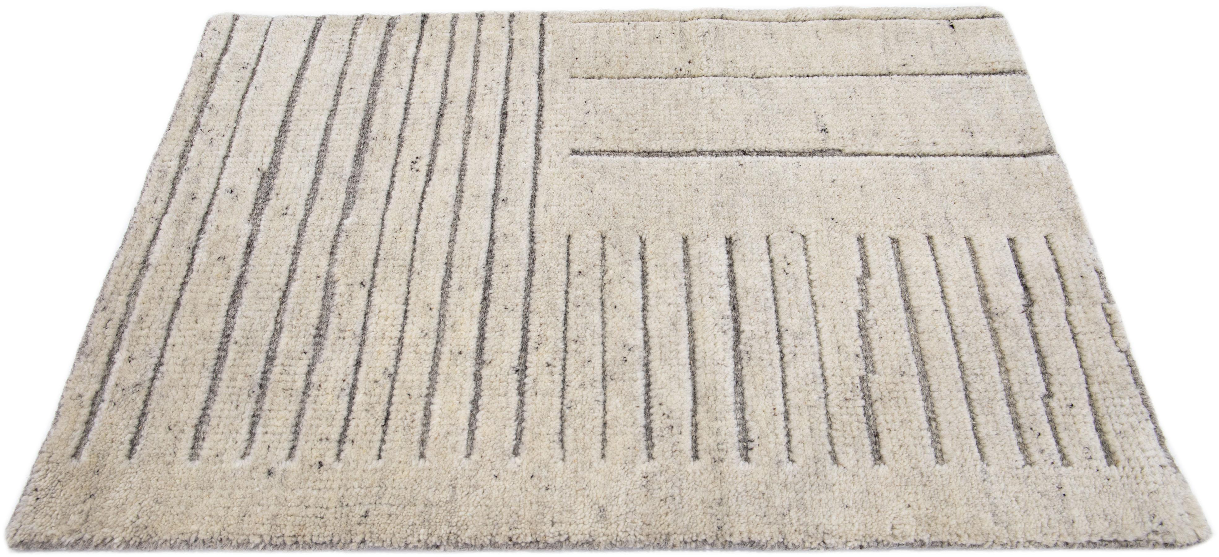 Indian Beige Modern Moroccan Style Handmade Custom Wool Rug For Sale