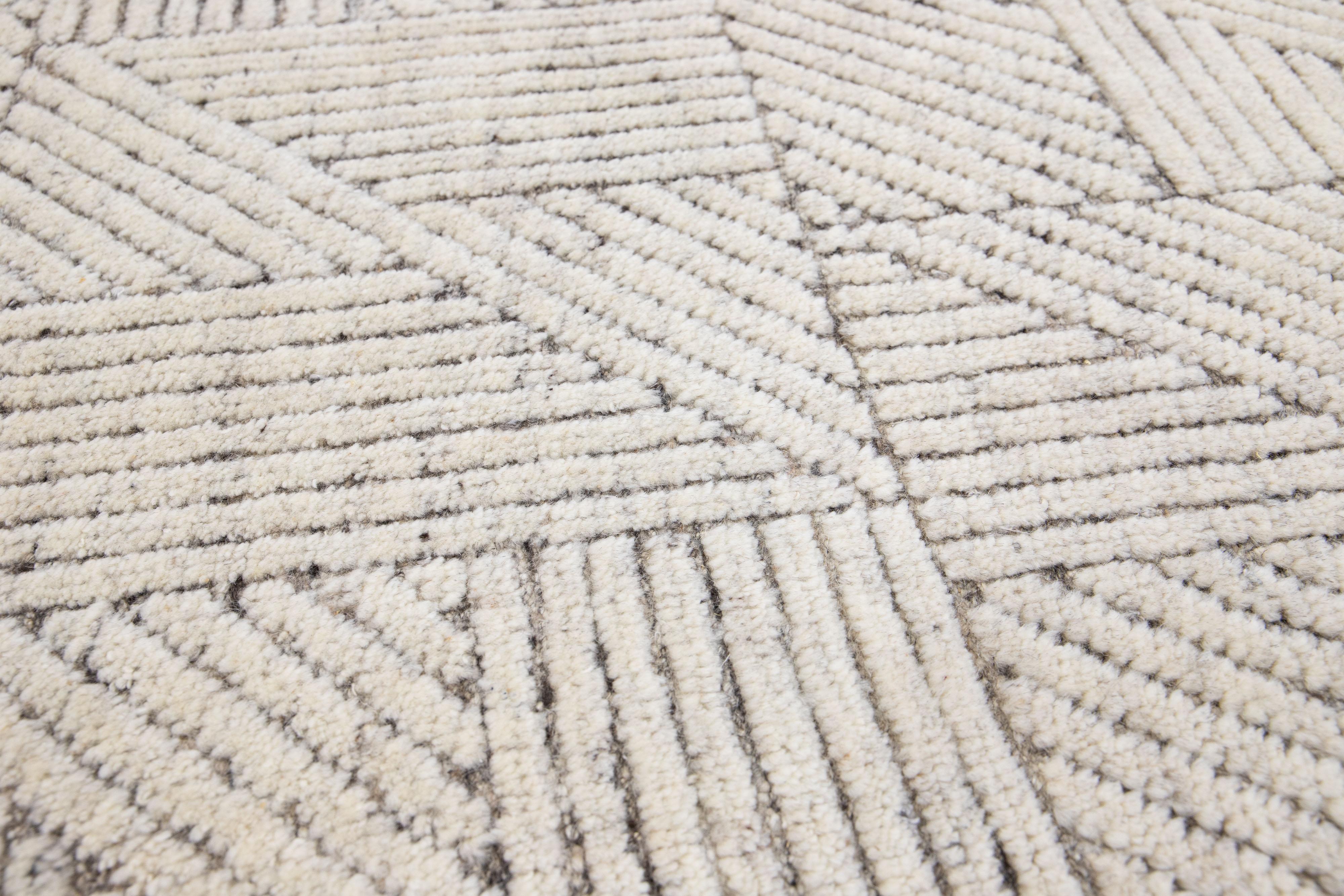 Hand-Knotted Beige Modern Moroccan Style Handmade Custom Wool Rug For Sale