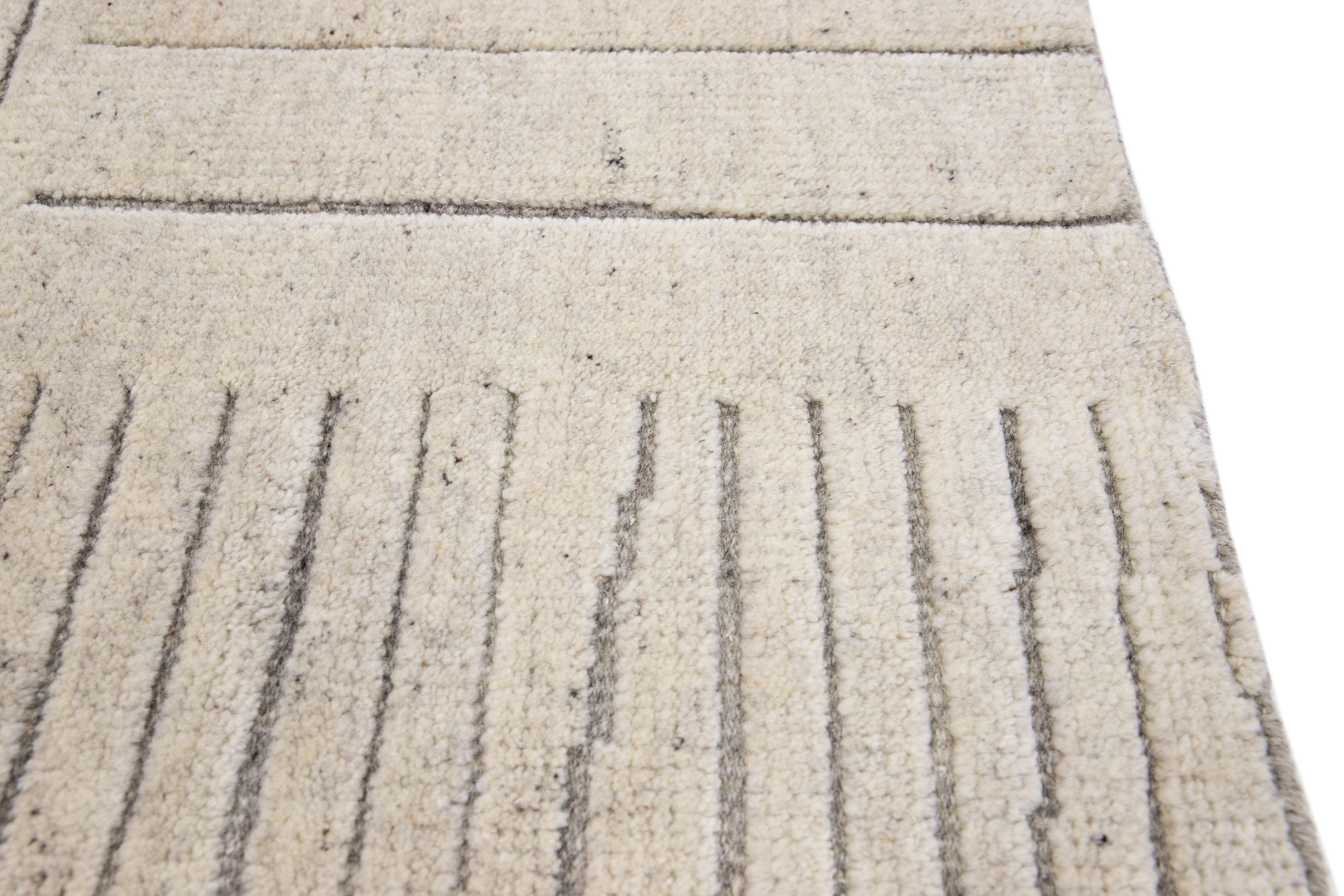 Hand-Knotted Beige Modern Moroccan Style Handmade Custom Wool Rug For Sale