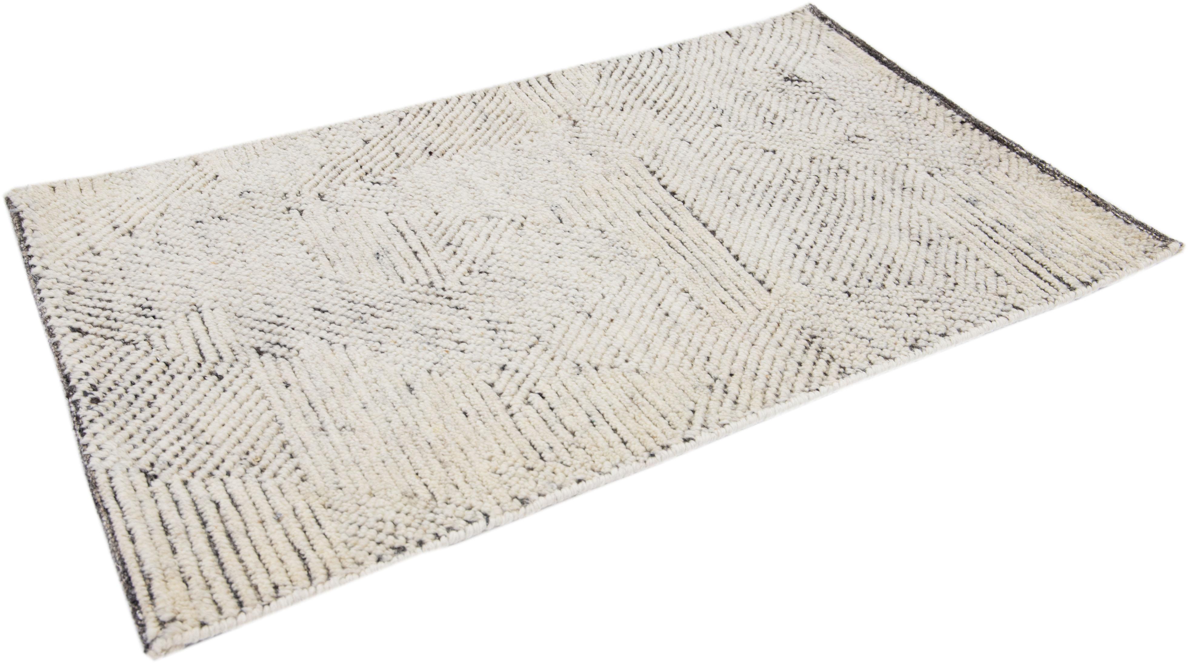 Beige Modern Moroccan Style Handmade Custom Wool Rug In New Condition For Sale In Norwalk, CT