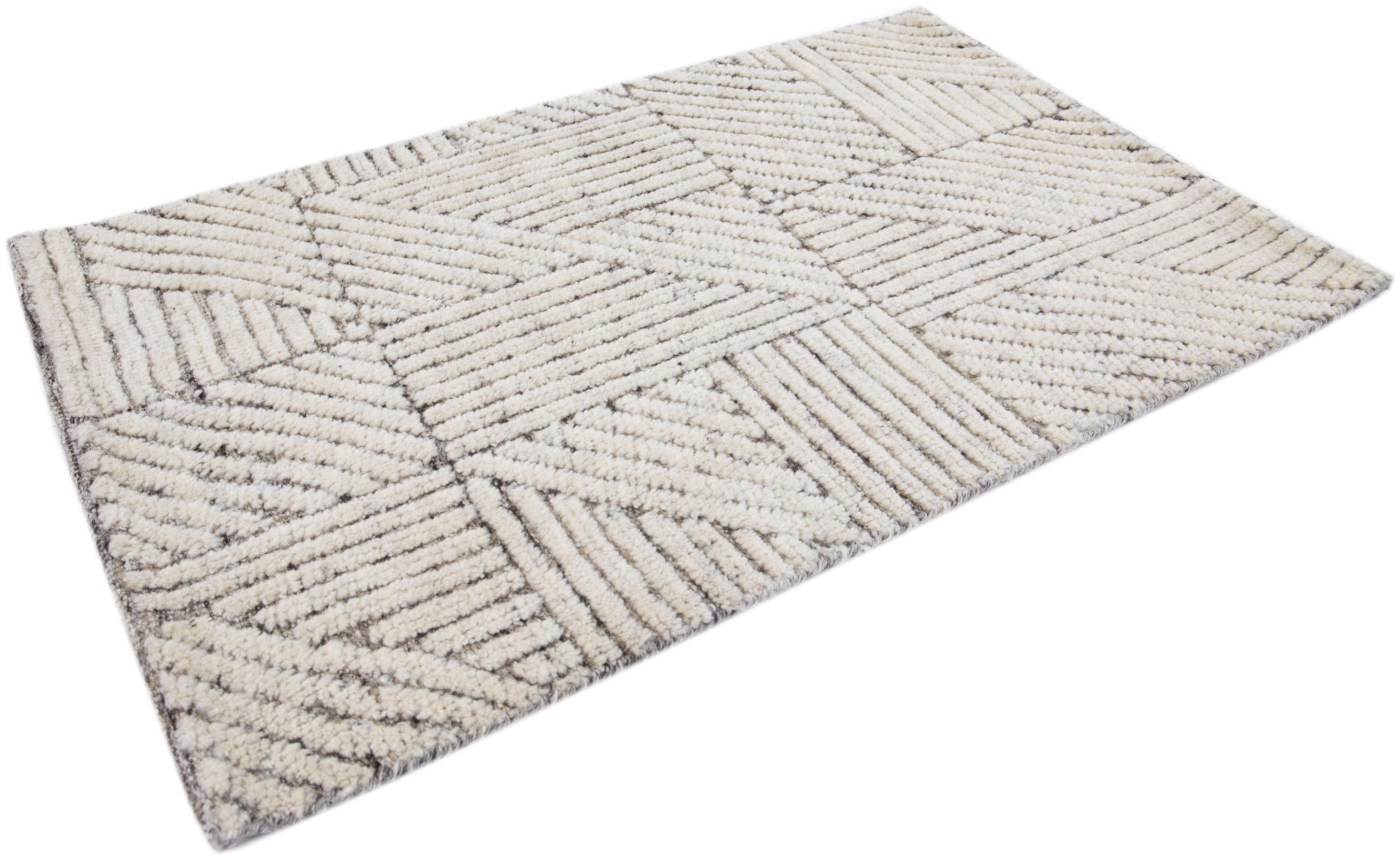 Beige Modern Moroccan Style Handmade Custom Wool Rug In New Condition For Sale In Norwalk, CT