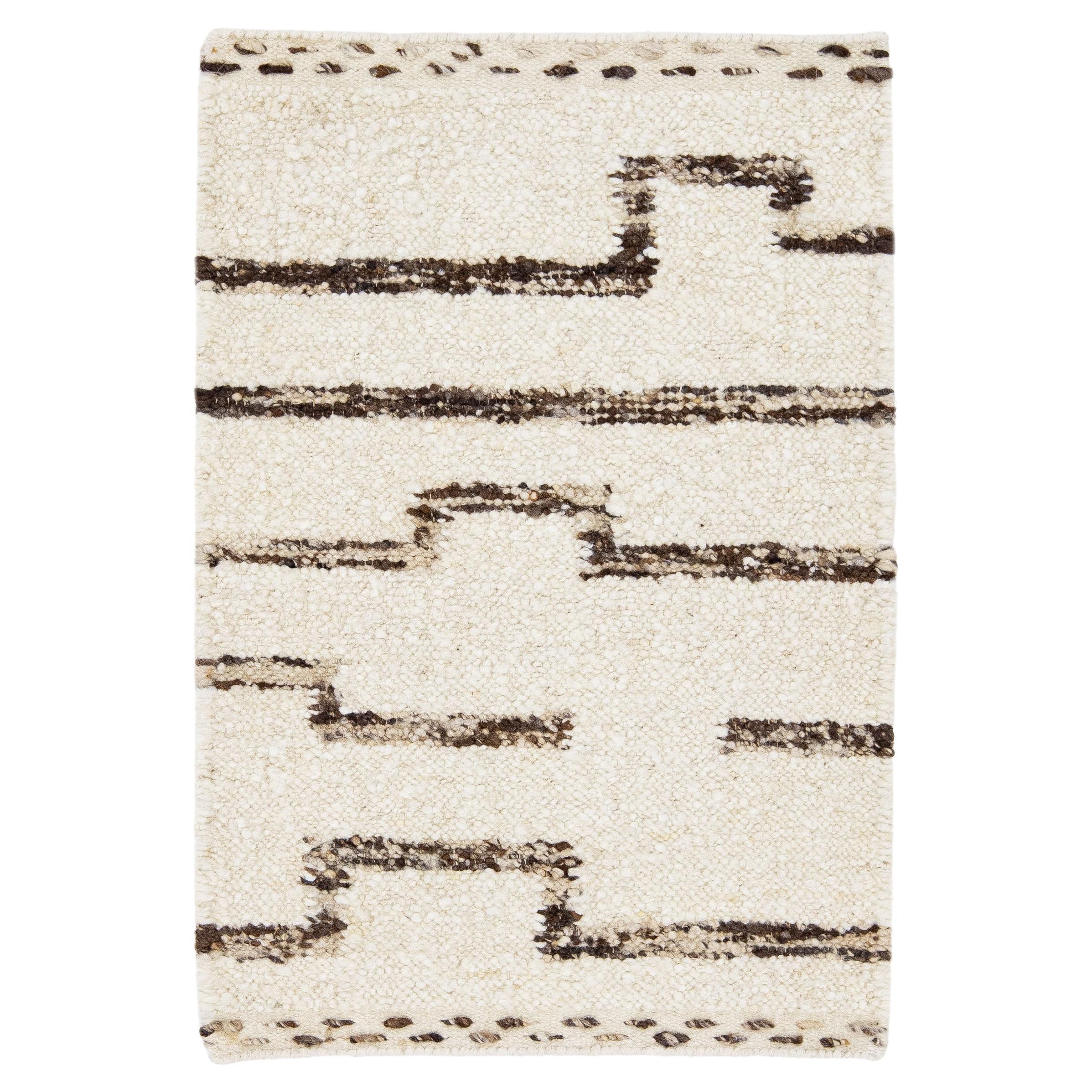 Beige Modern Marokkanischer Stil Handgefertigter Wollteppich