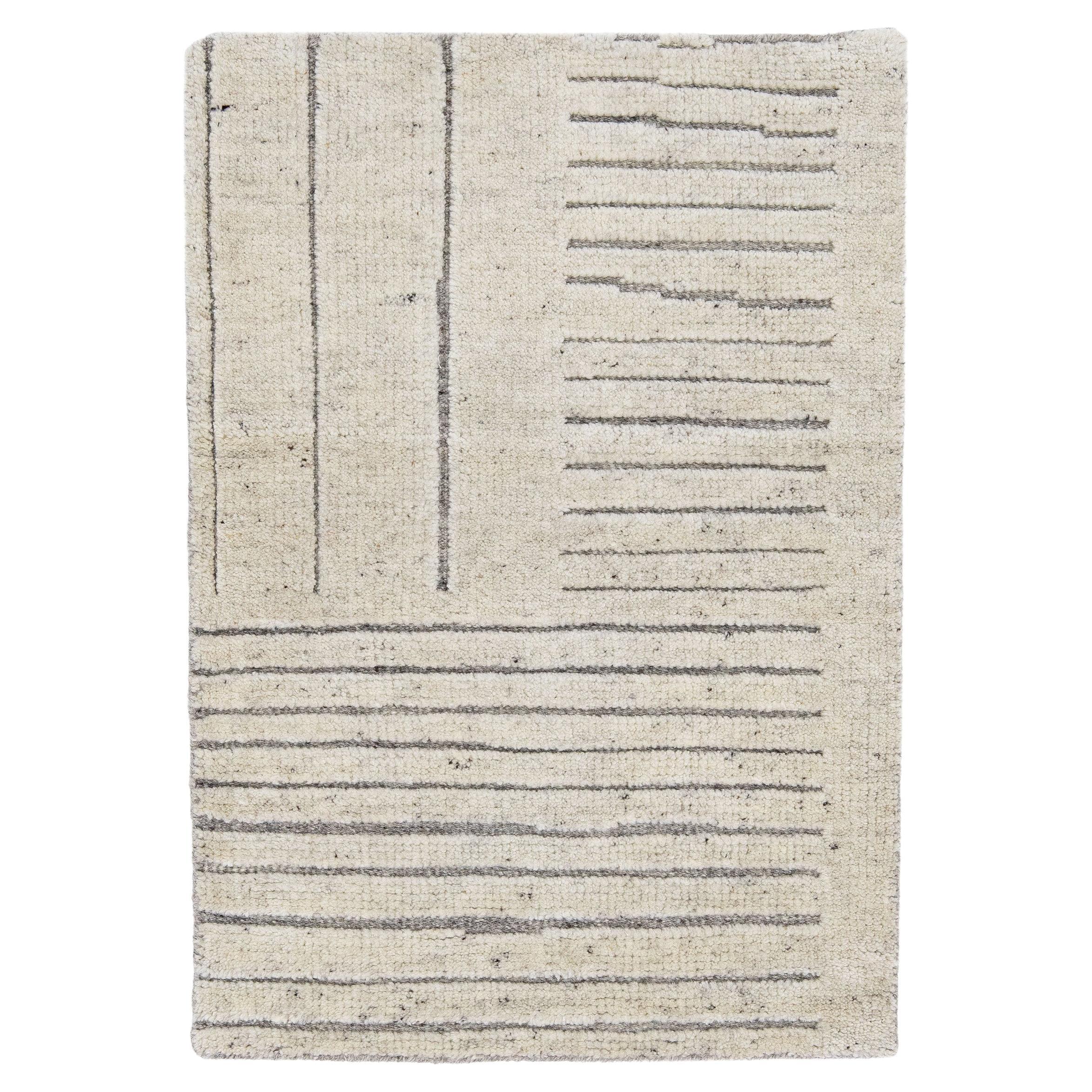 Beige Modern Marokkanischer Stil Handgefertigter Wollteppich