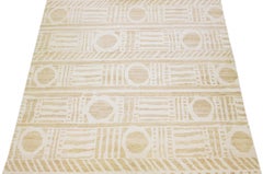Beige Modern Moroccan Style Handmade Wool Rug with a Ivory Geometric Design