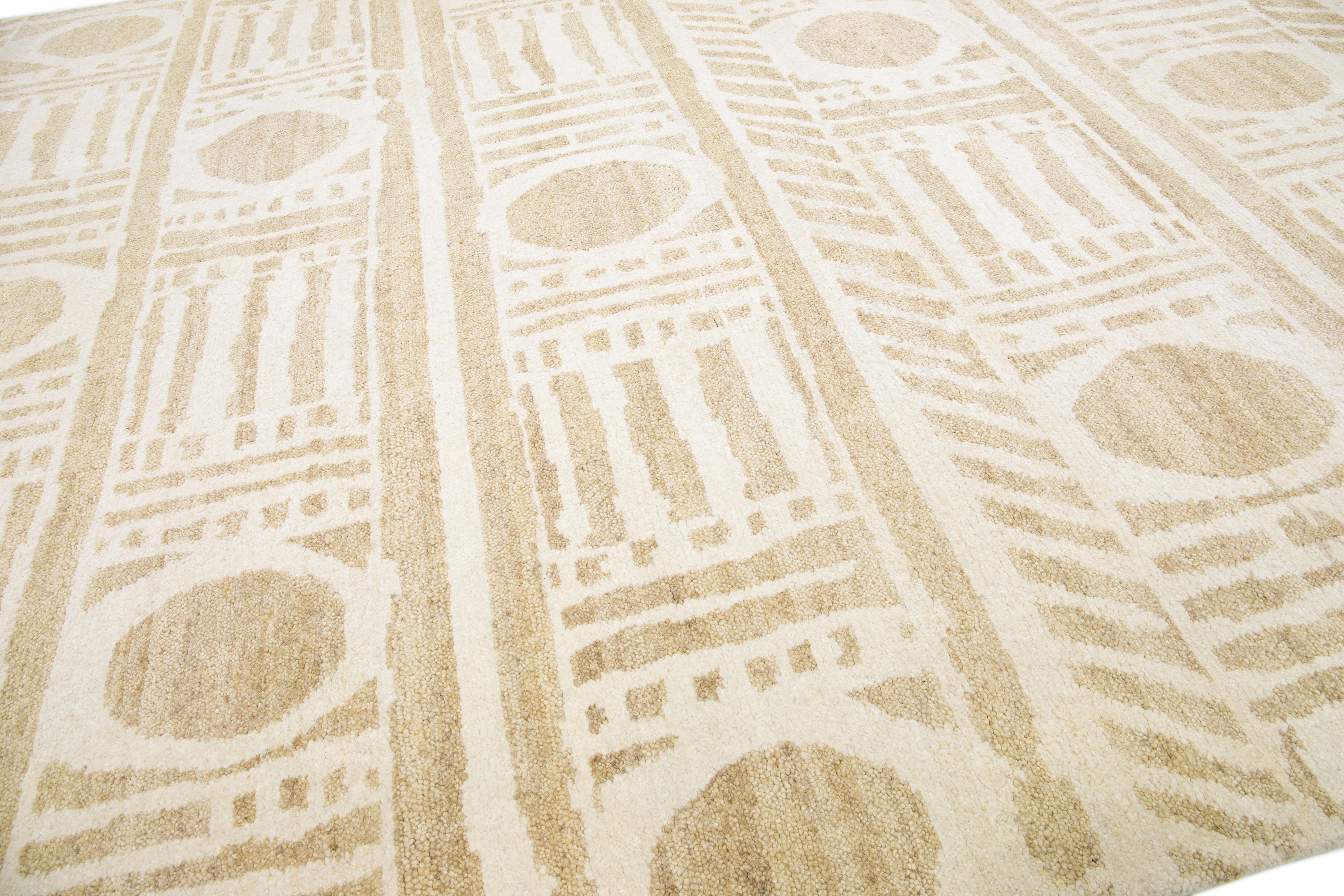 Afghan Beige Modern Moroccan Style Handmade Wool Rug with a Ivory Geometric Design  For Sale