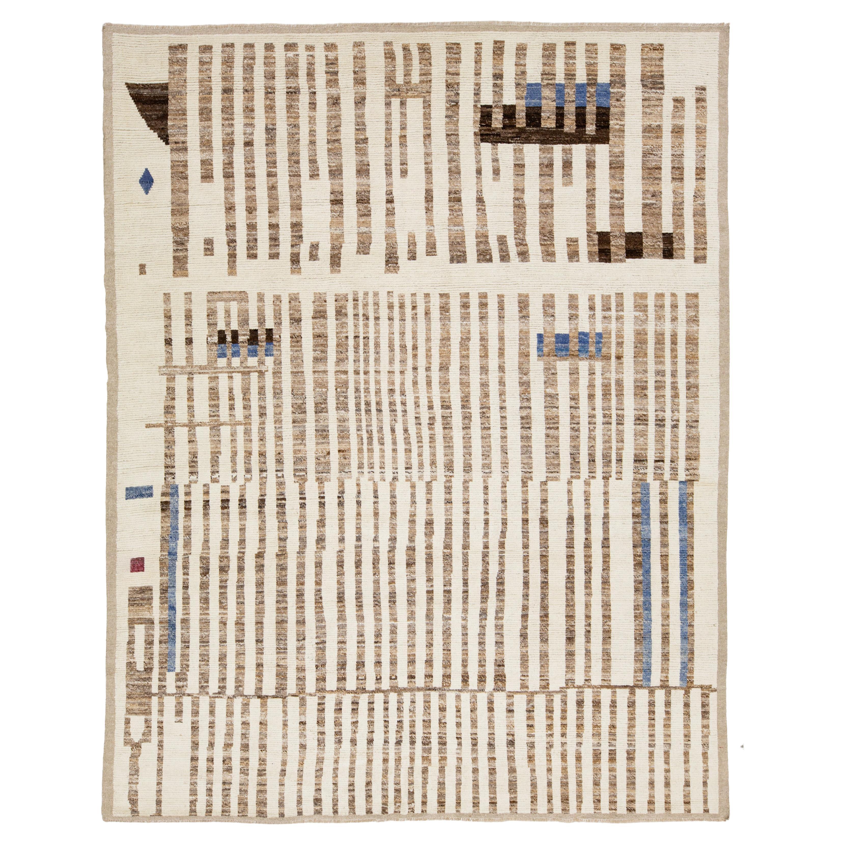 Beige Modern Moroccan Style Handmade Wool Rug with Abstract Stripe Design