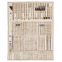 Beige Modern Moroccan Style Handmade Wool Rug with Abstract Stripe Design