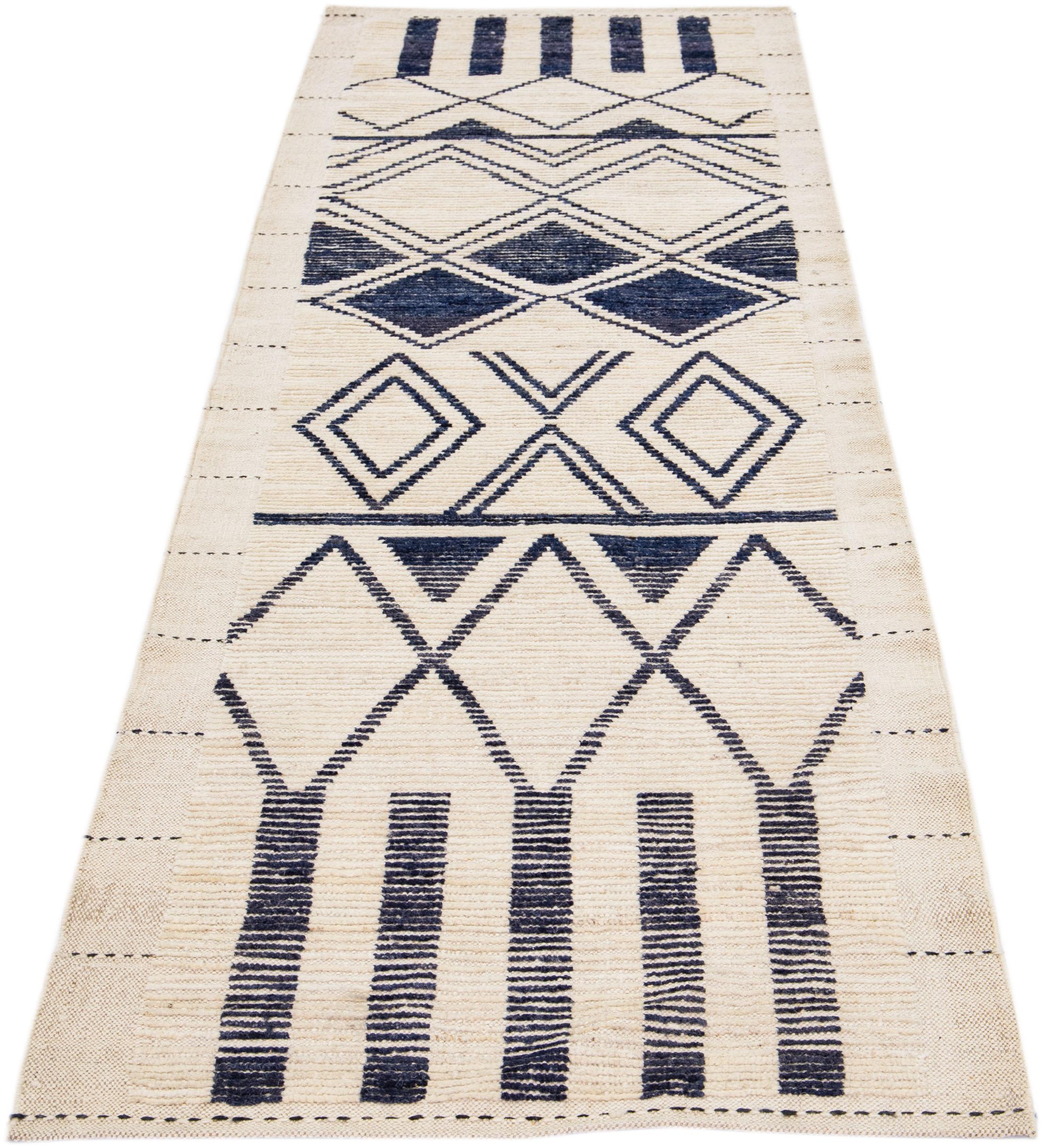 Pakistani Beige Modern Moroccan Style Handmade Wool Runner with Tribal Motif For Sale