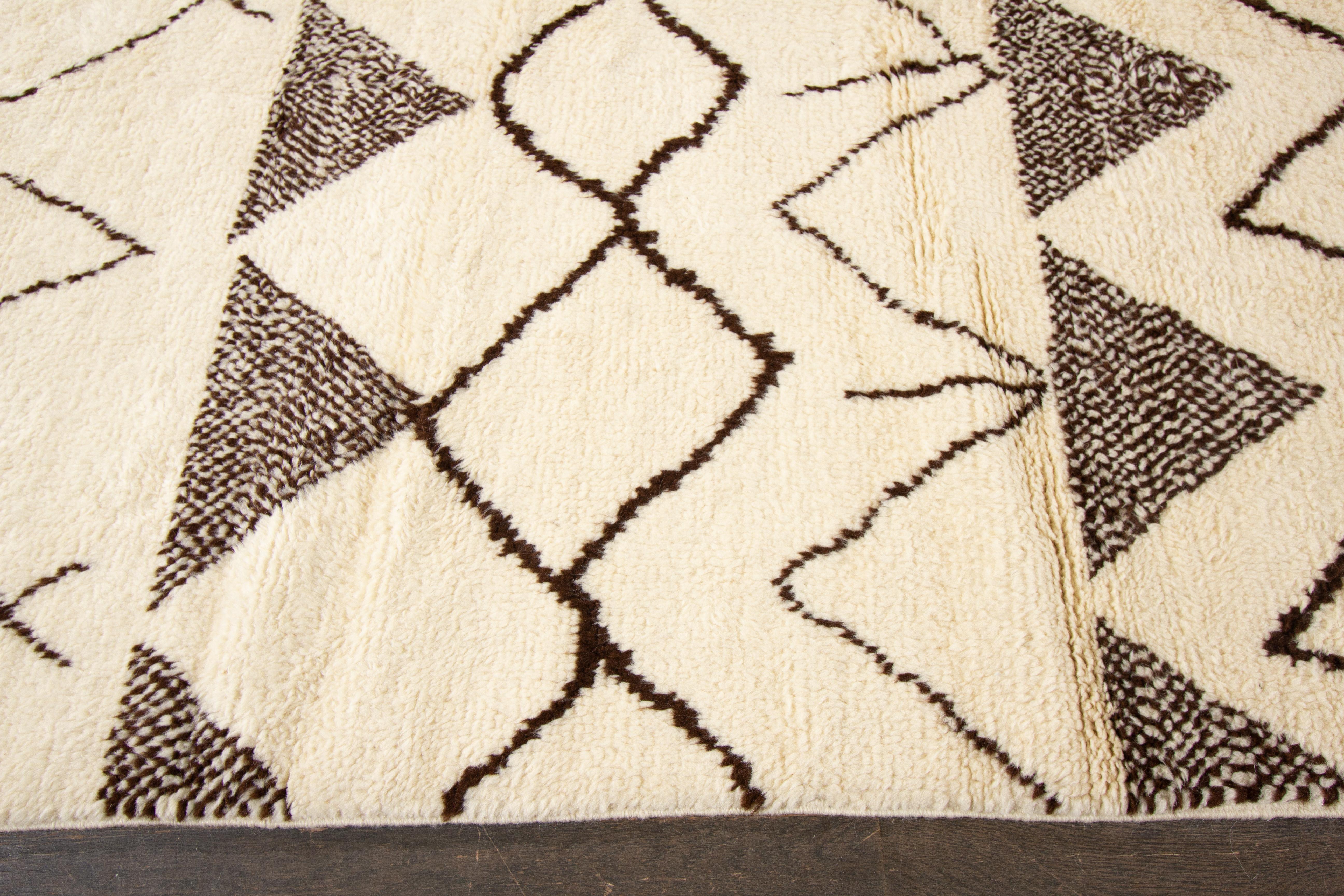 Beige Modern Moroccan Style Wool Rug With Tribal Design For Sale 4