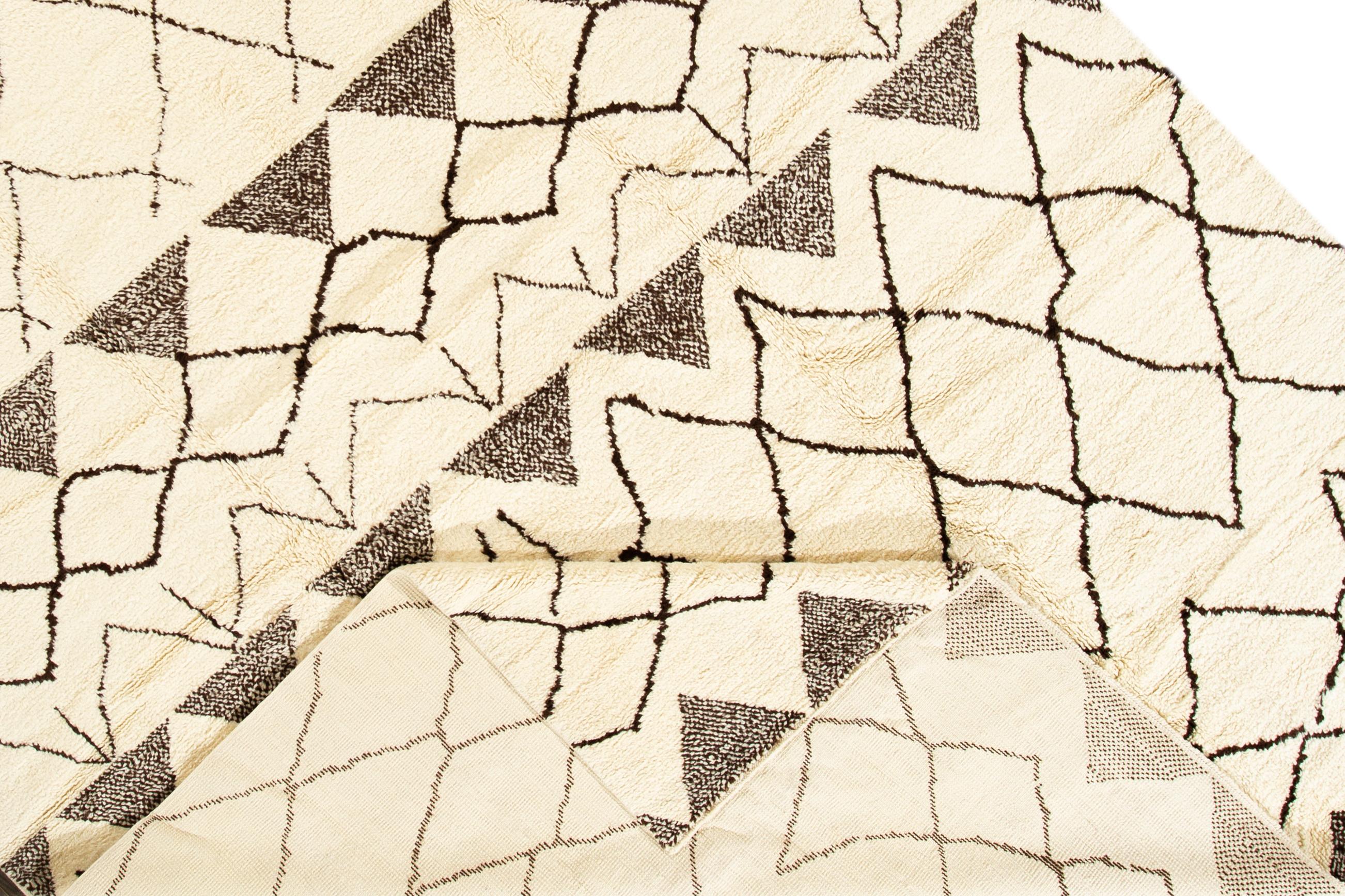 Turkish Beige Modern Moroccan Style Wool Rug With Tribal Design For Sale