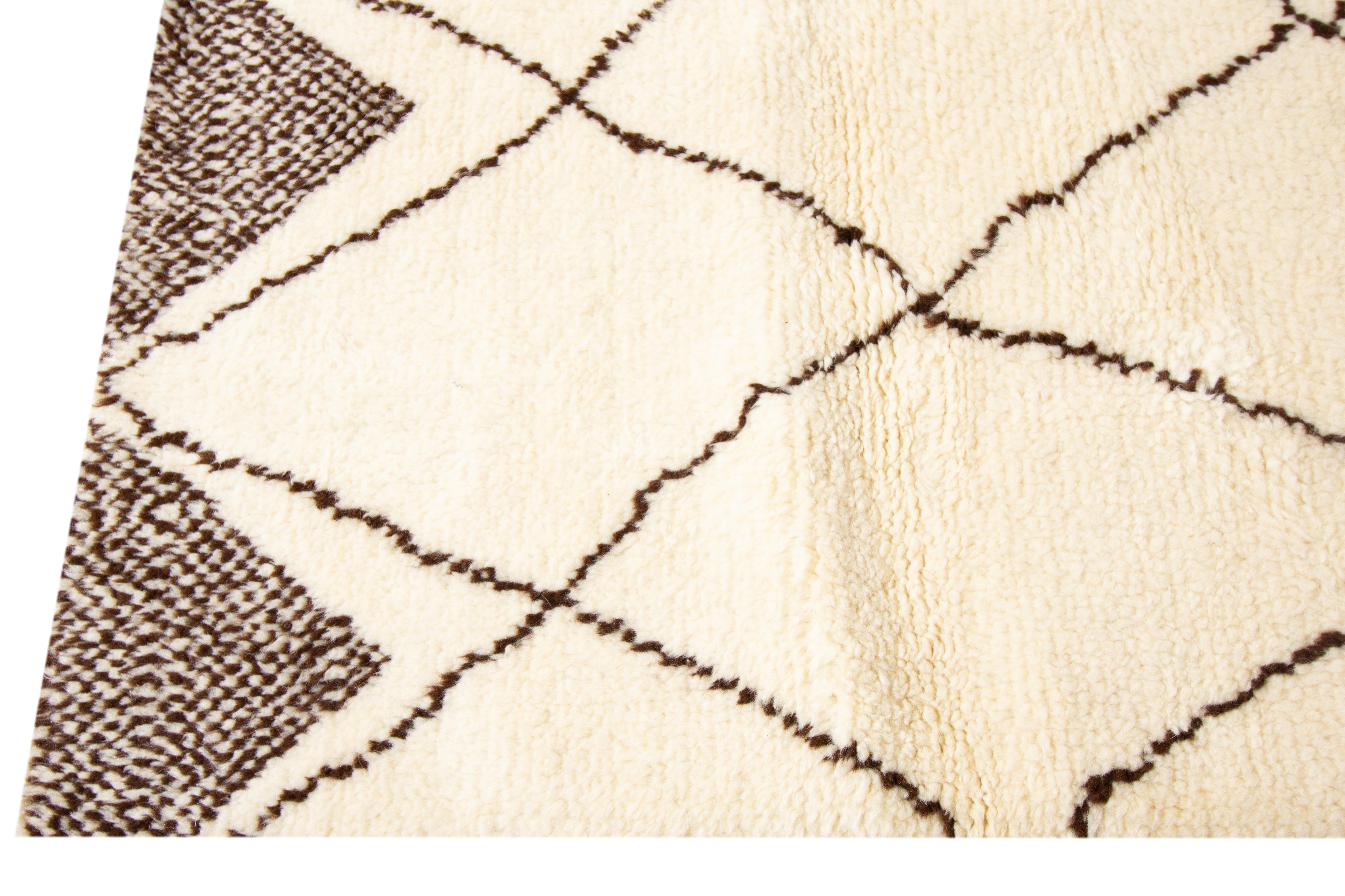 Hand-Knotted Beige Modern Moroccan Style Wool Rug With Tribal Design For Sale
