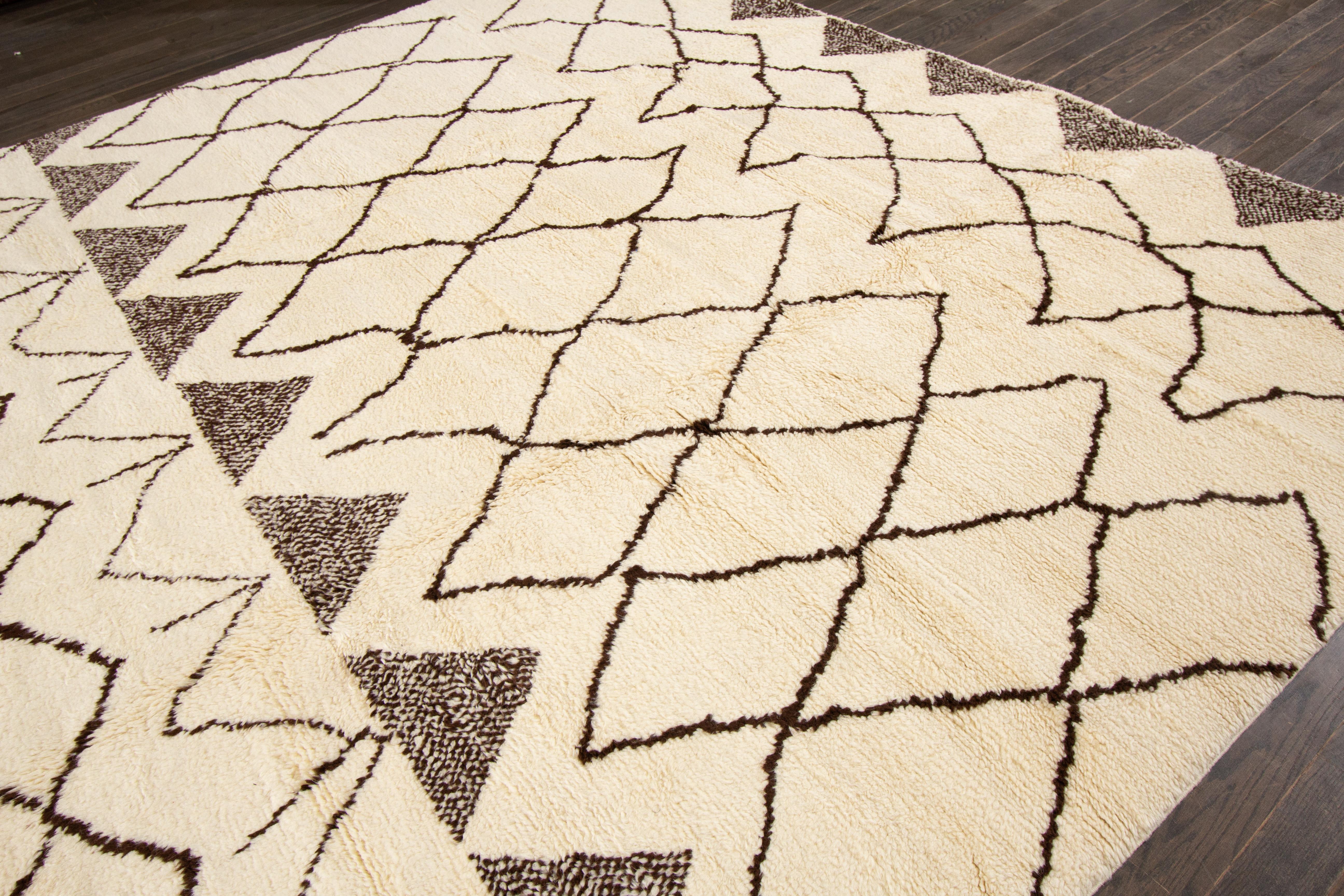Beige Modern Moroccan Style Wool Rug With Tribal Design For Sale 1