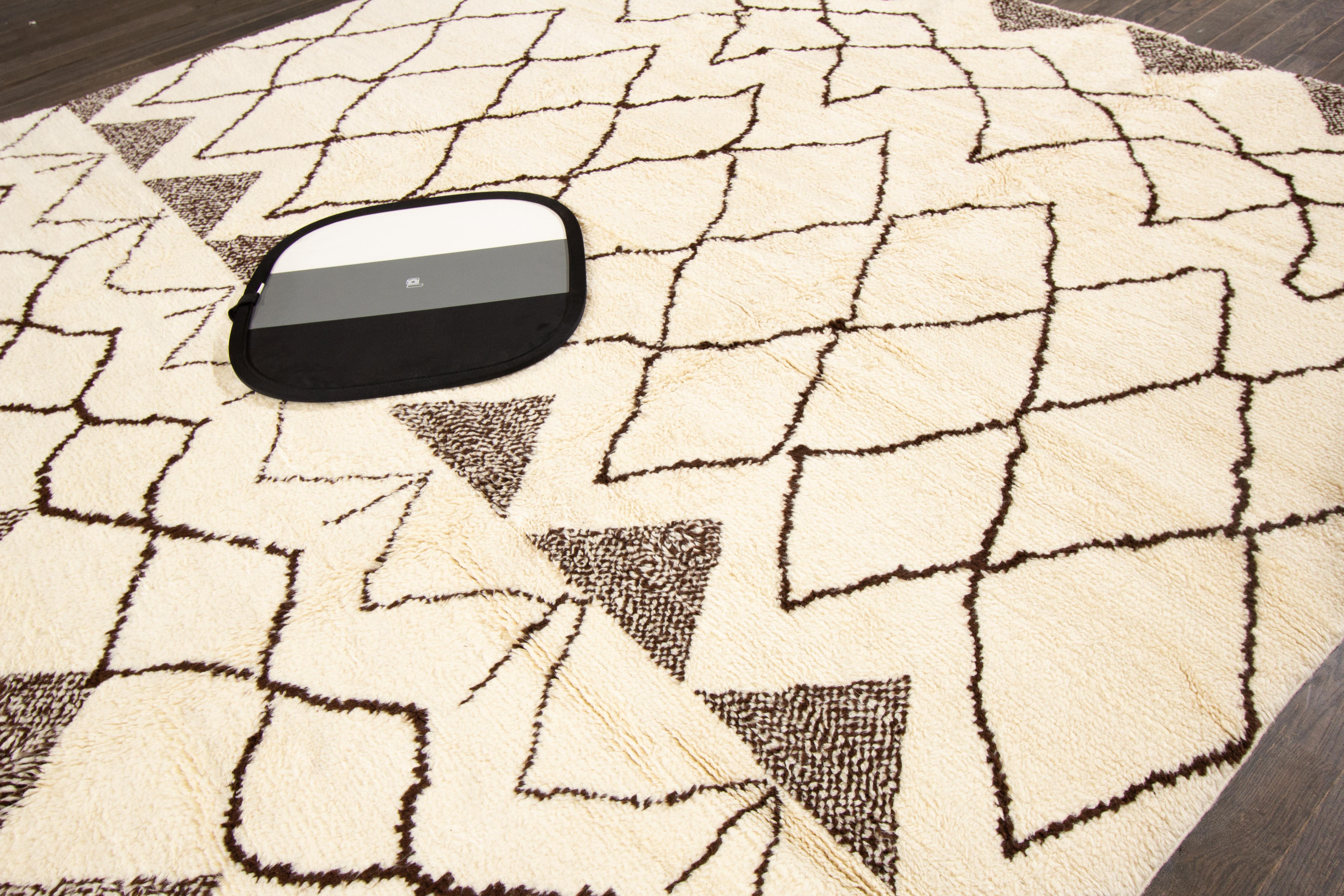 Beige Modern Moroccan Style Wool Rug With Tribal Design For Sale 2