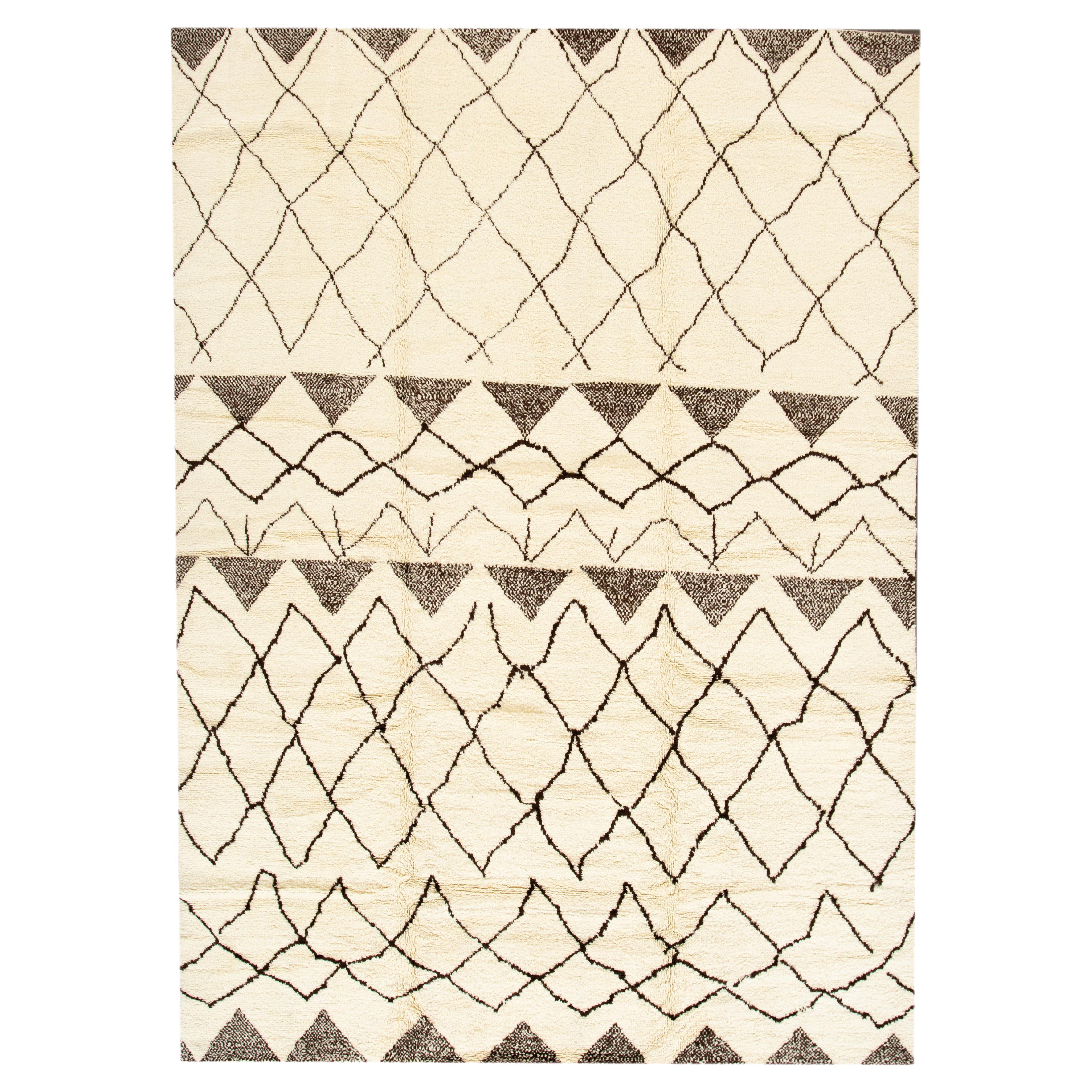 Beige Modern Moroccan Style Wool Rug With Tribal Design For Sale
