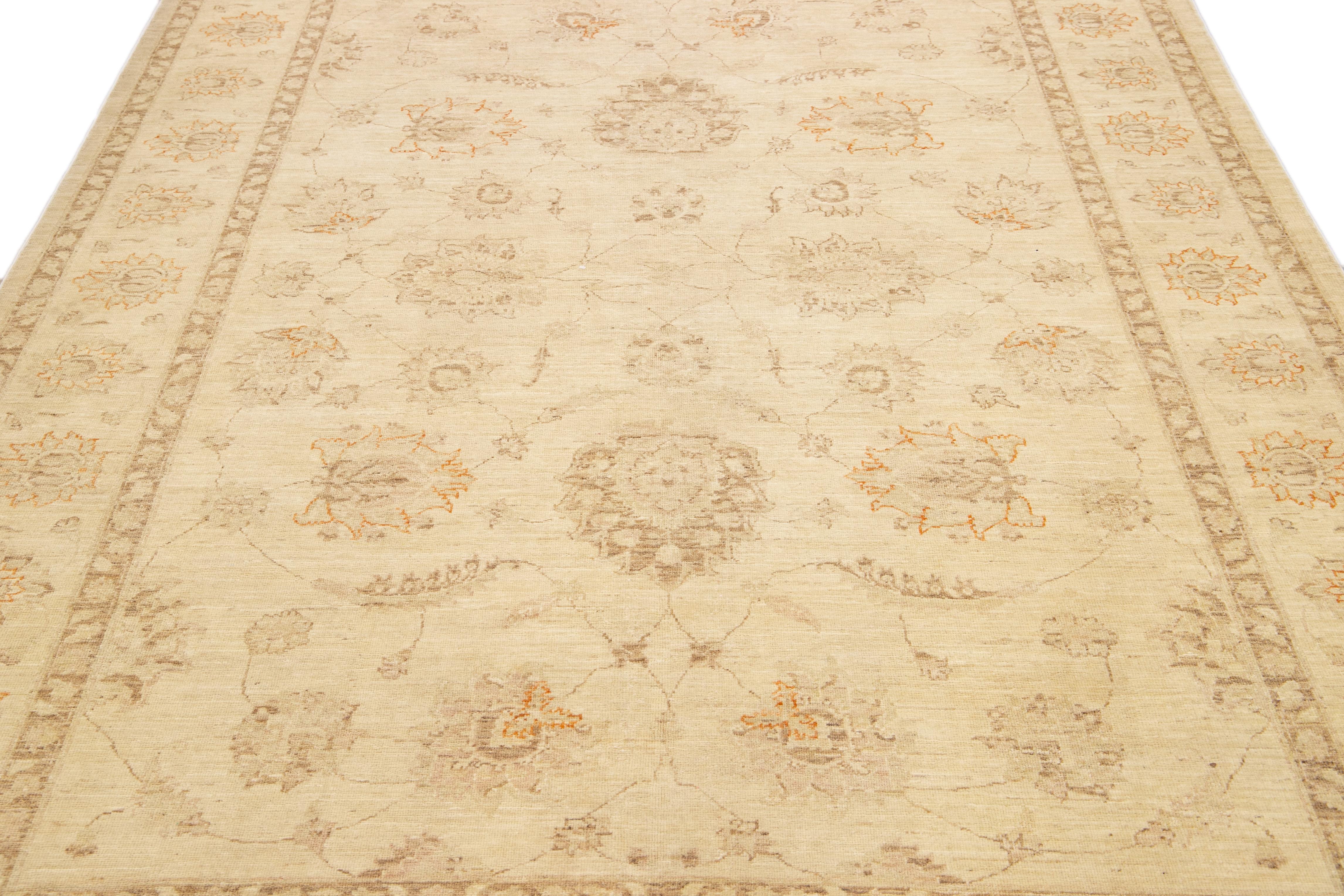 Persian Beige Modern Oushak Handmade Floral Designed Wool Rug For Sale