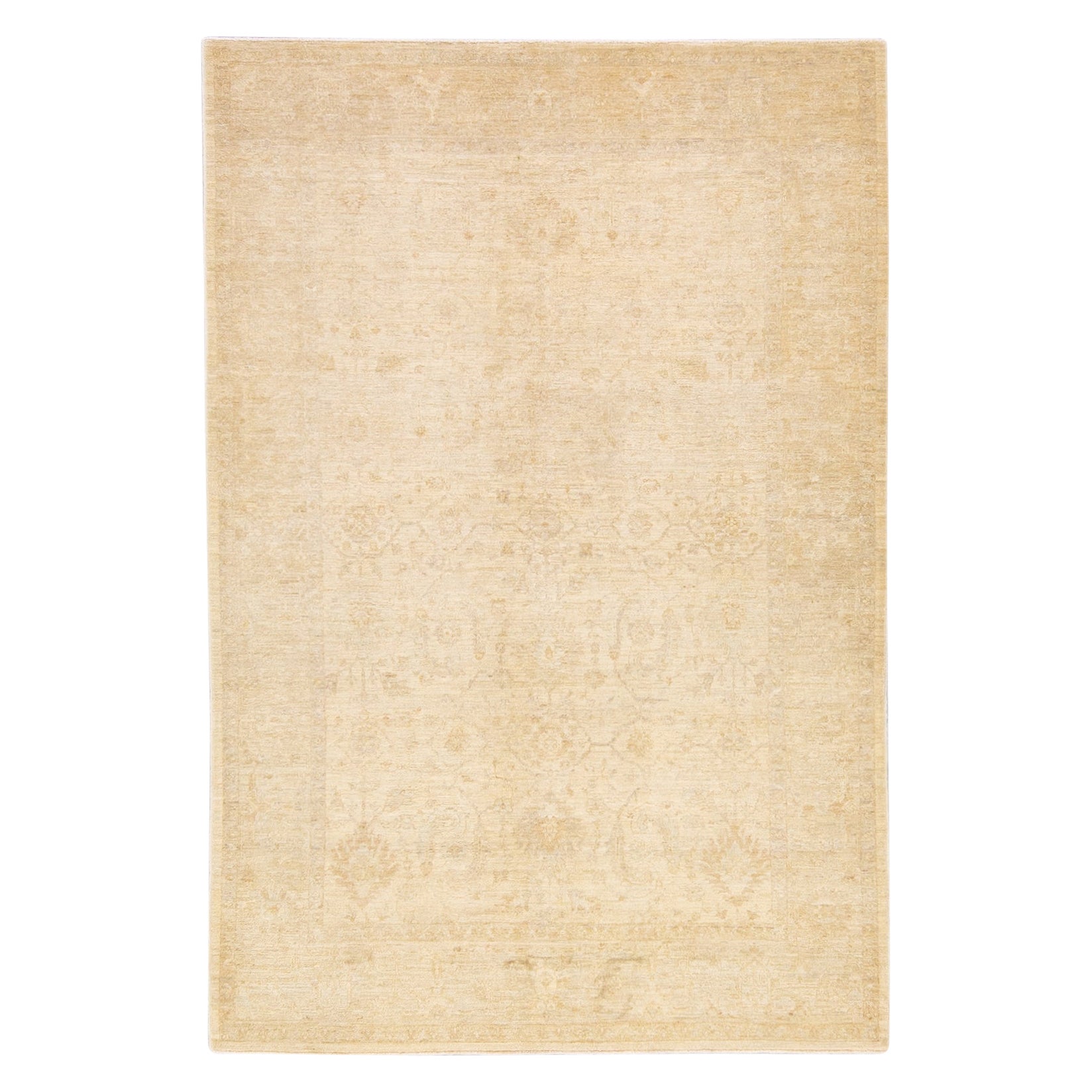 Tappeto in lana beige moderno Oushak con motivo floreale fatto a mano