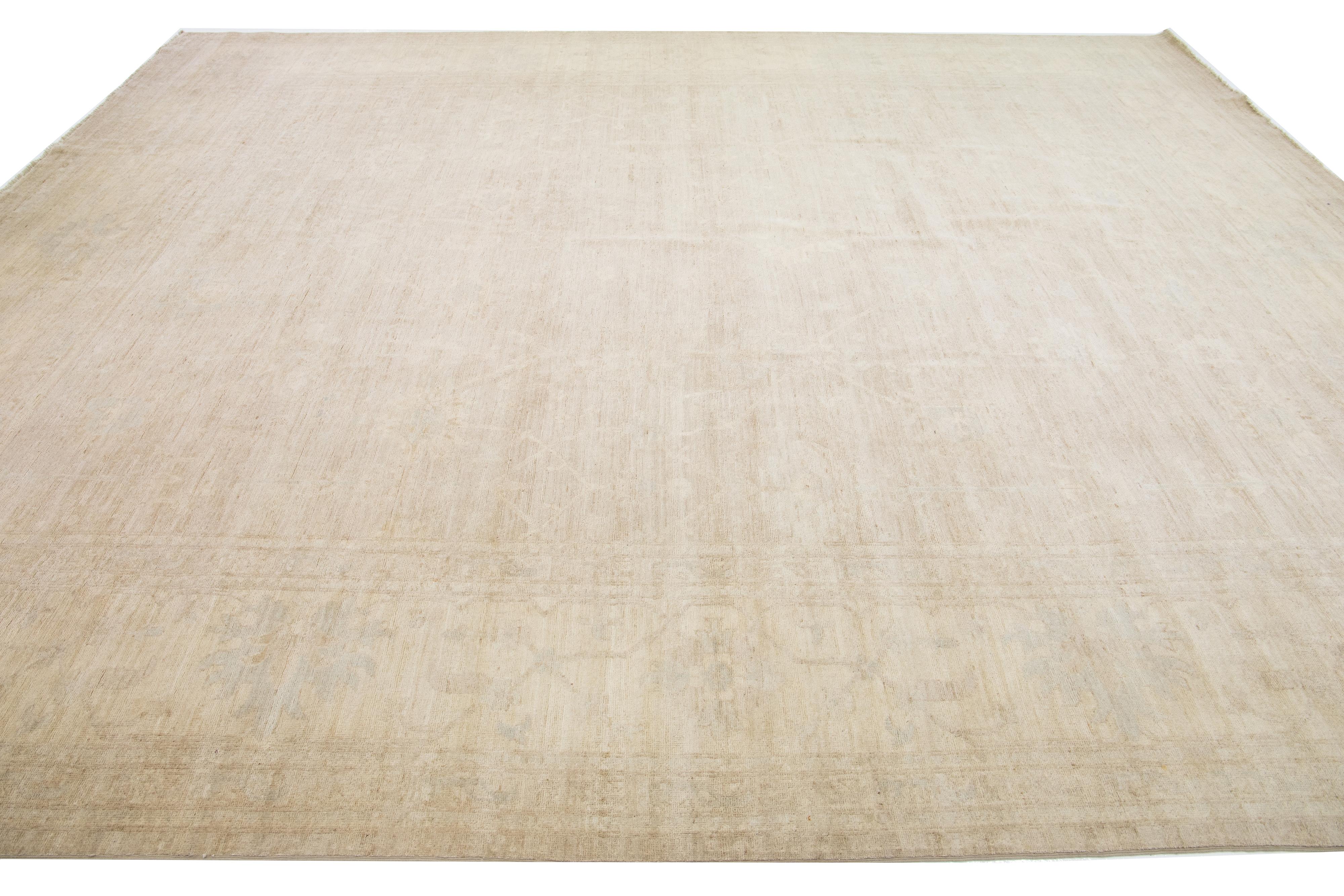 Hand-Knotted Beige Modern Oushak Style Handmade  Floral Wool  Rug For Sale