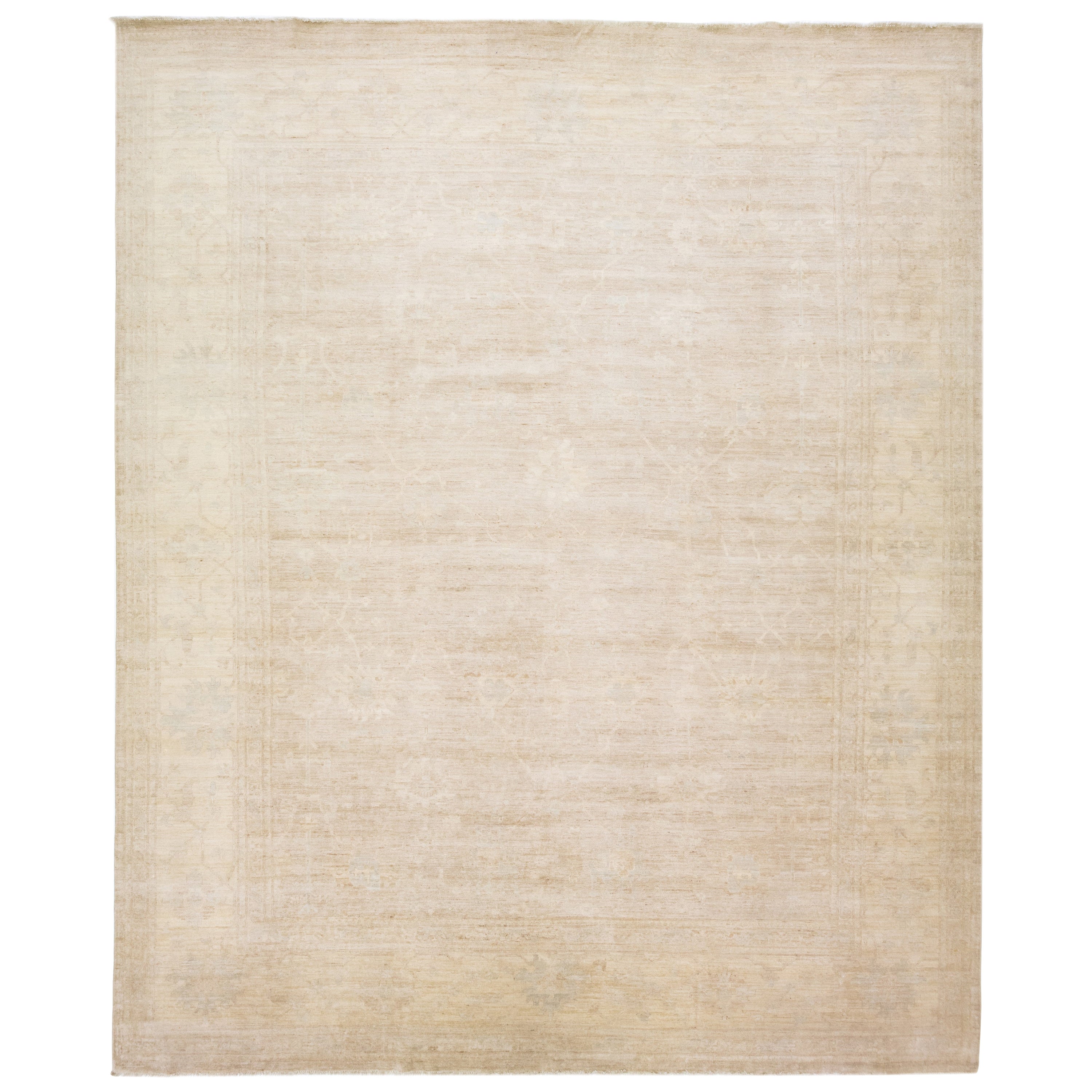 Style Oushak moderne beige fait  la main  Laine florale  Tapis