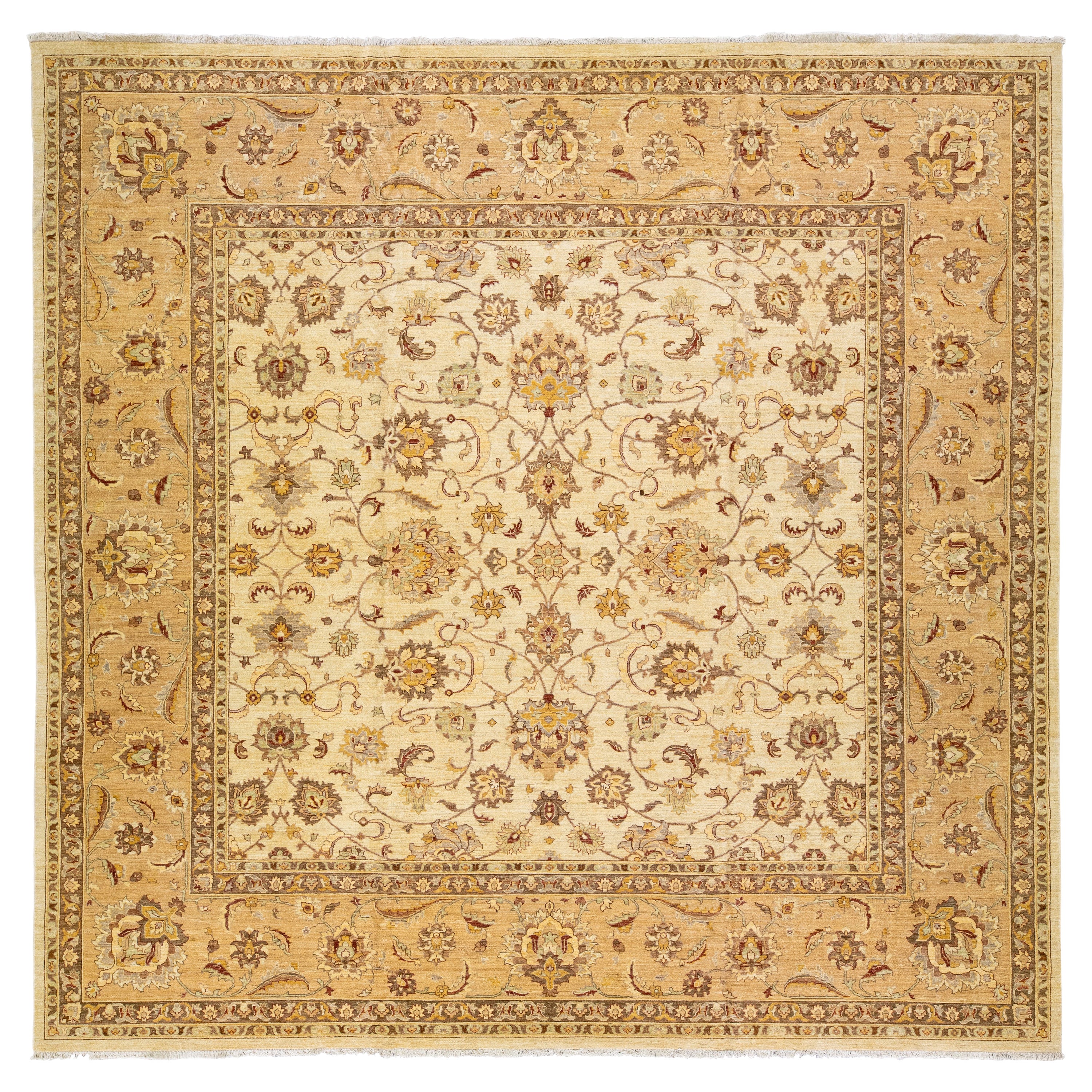 Tappeto di lana quadrato beige moderno Peshawar fatto a mano con motivo a palmette