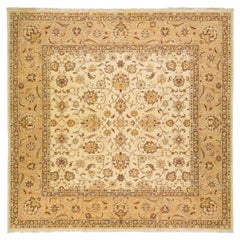 Beige Modern Peshawar Handmade Palmettes Pattern Square Wool Rug