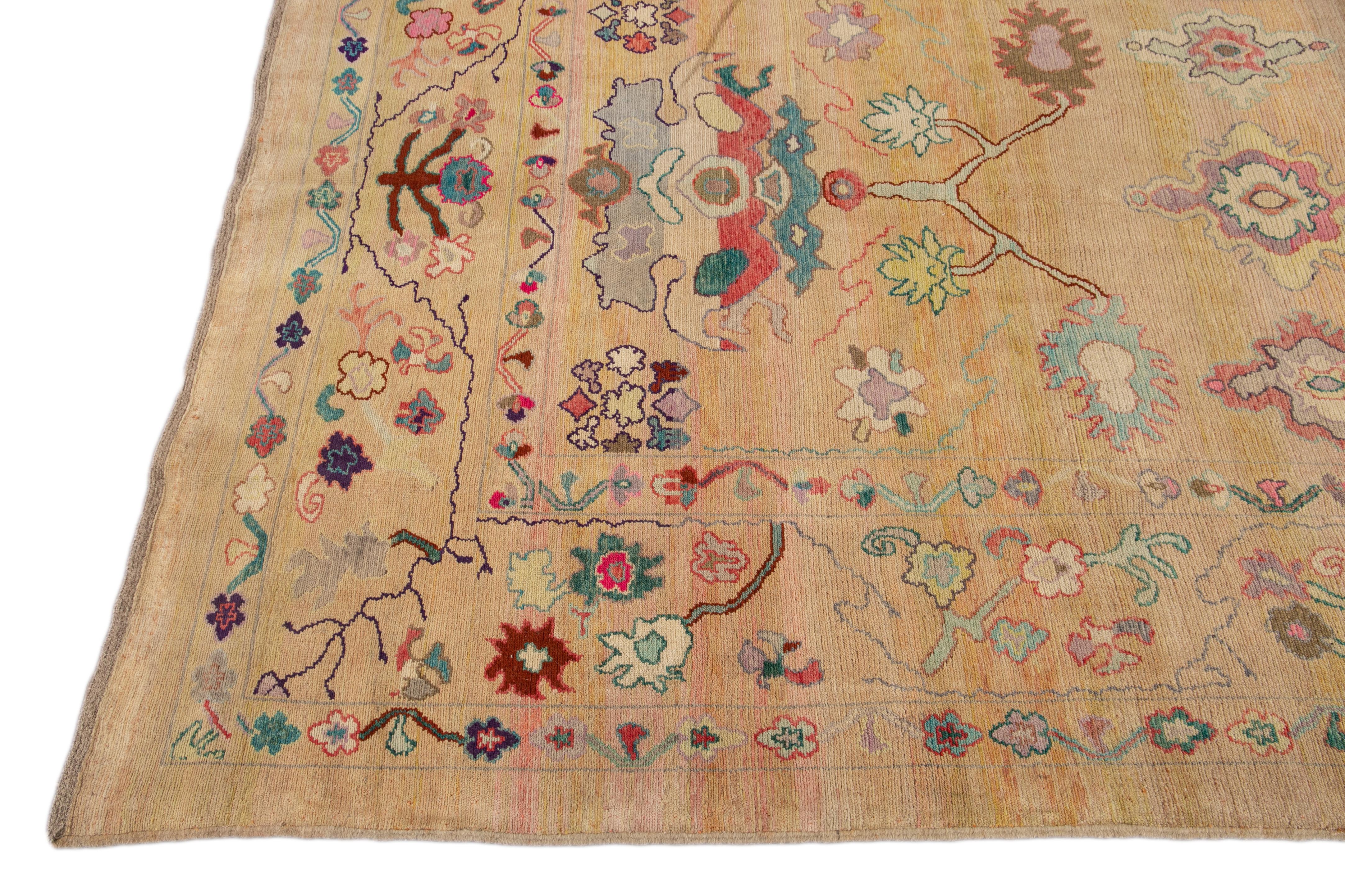 Oushak Beige Modern Revival Handmade Wool Rug For Sale