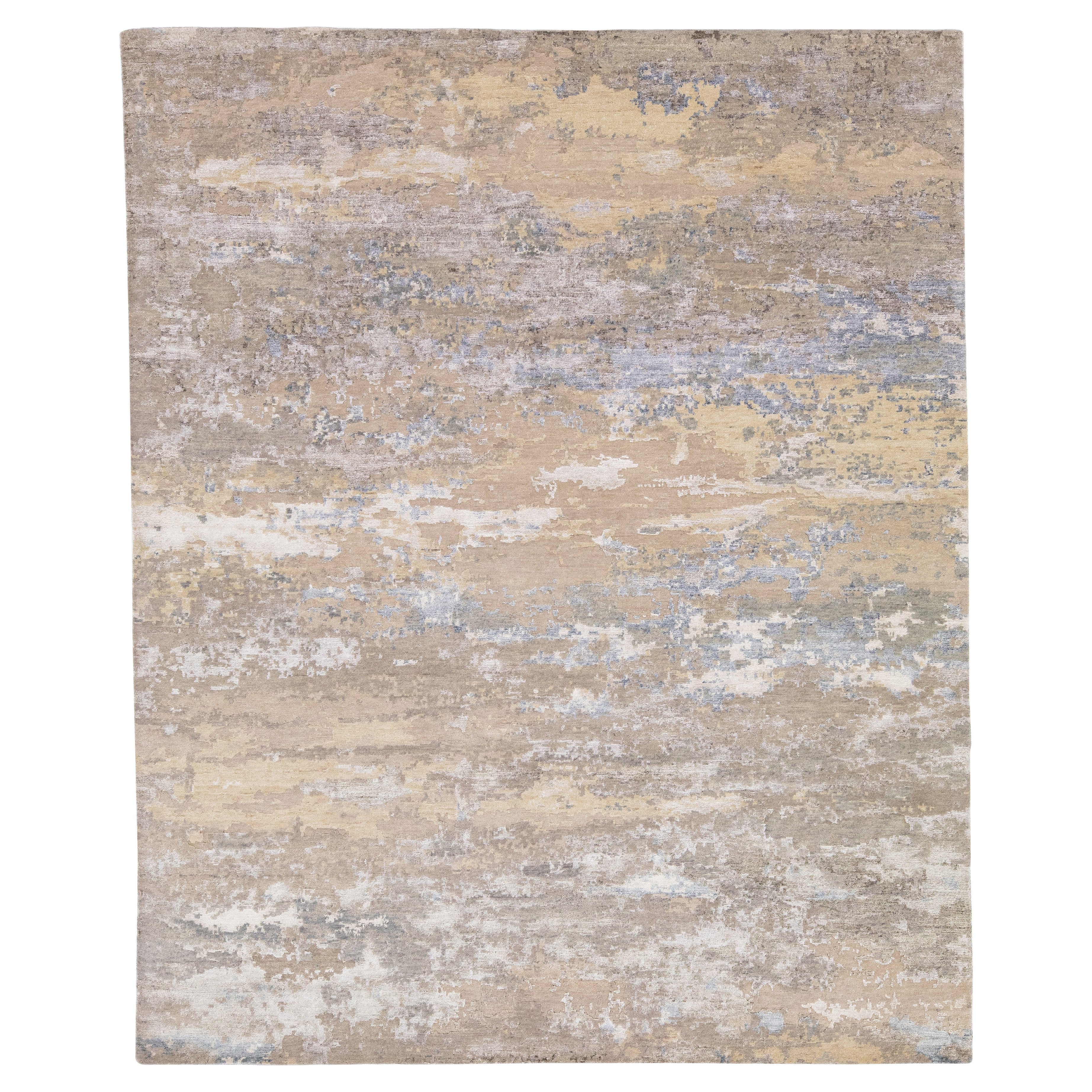 Tappeto moderno beige in lana e seta con motivo astratto