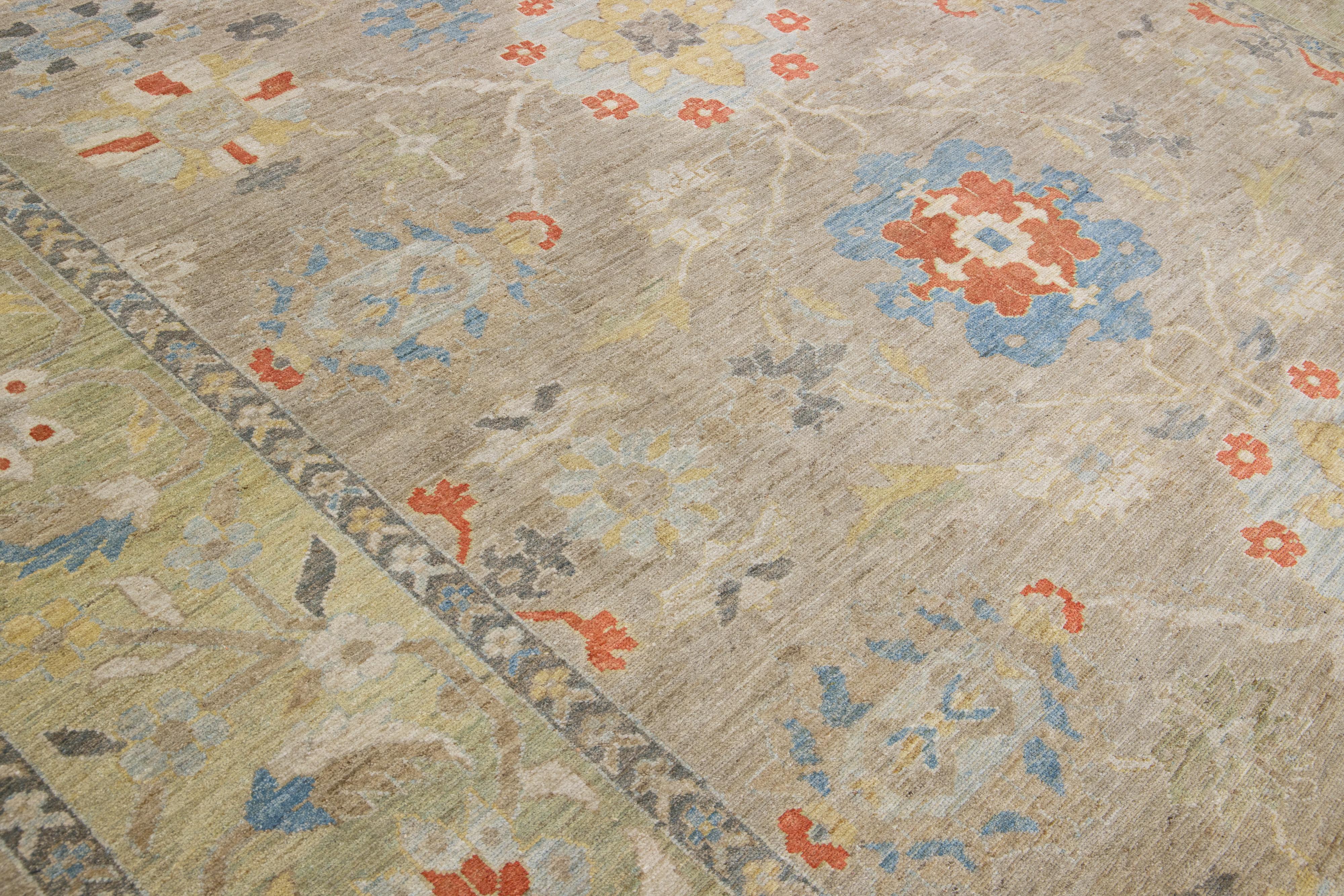 Moderner, handgefertigter Sultanabad-Wollteppich mit Blumenmotiv in Beige im Angebot 3
