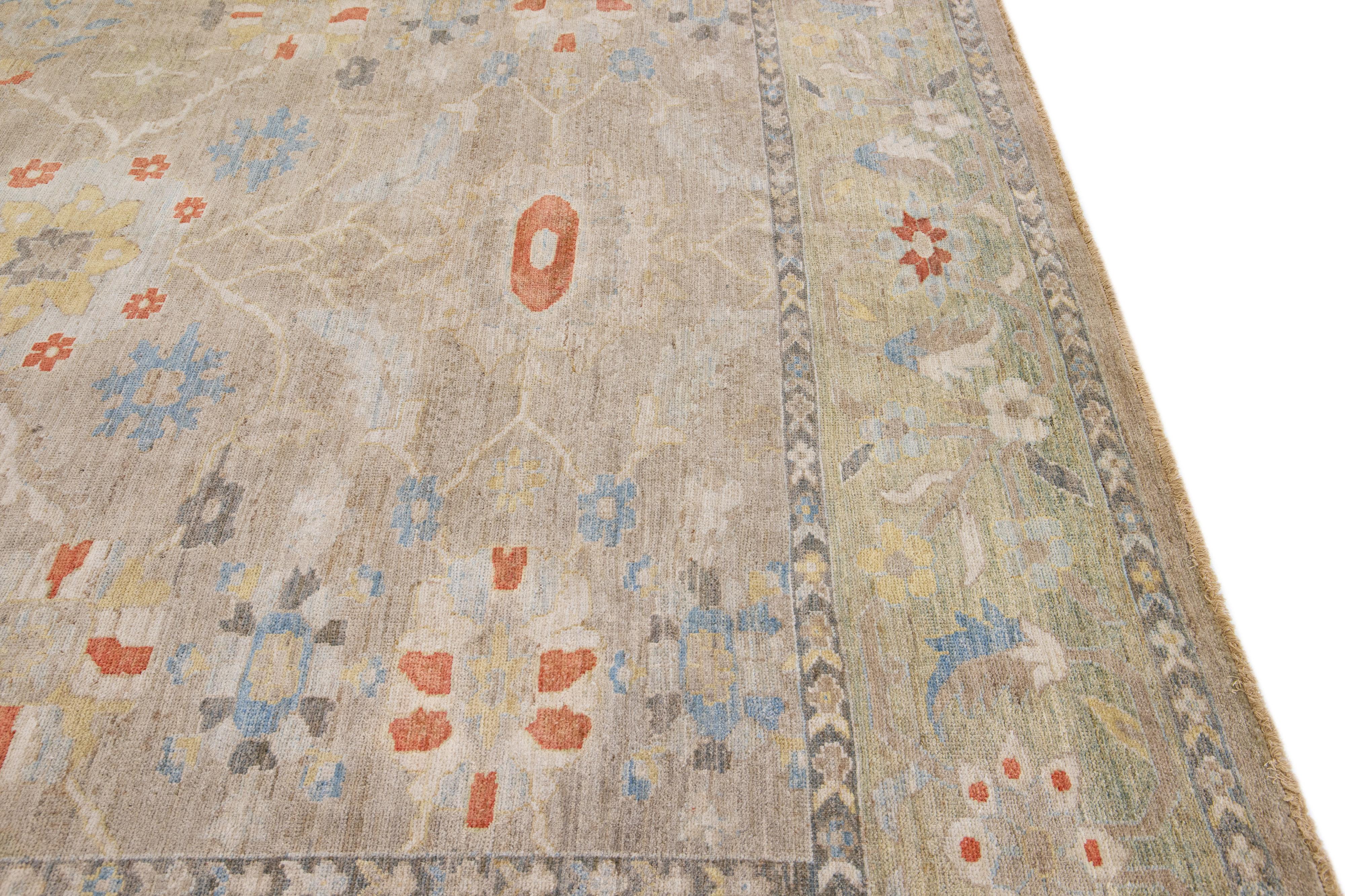 Moderner, handgefertigter Sultanabad-Wollteppich mit Blumenmotiv in Beige im Angebot 2