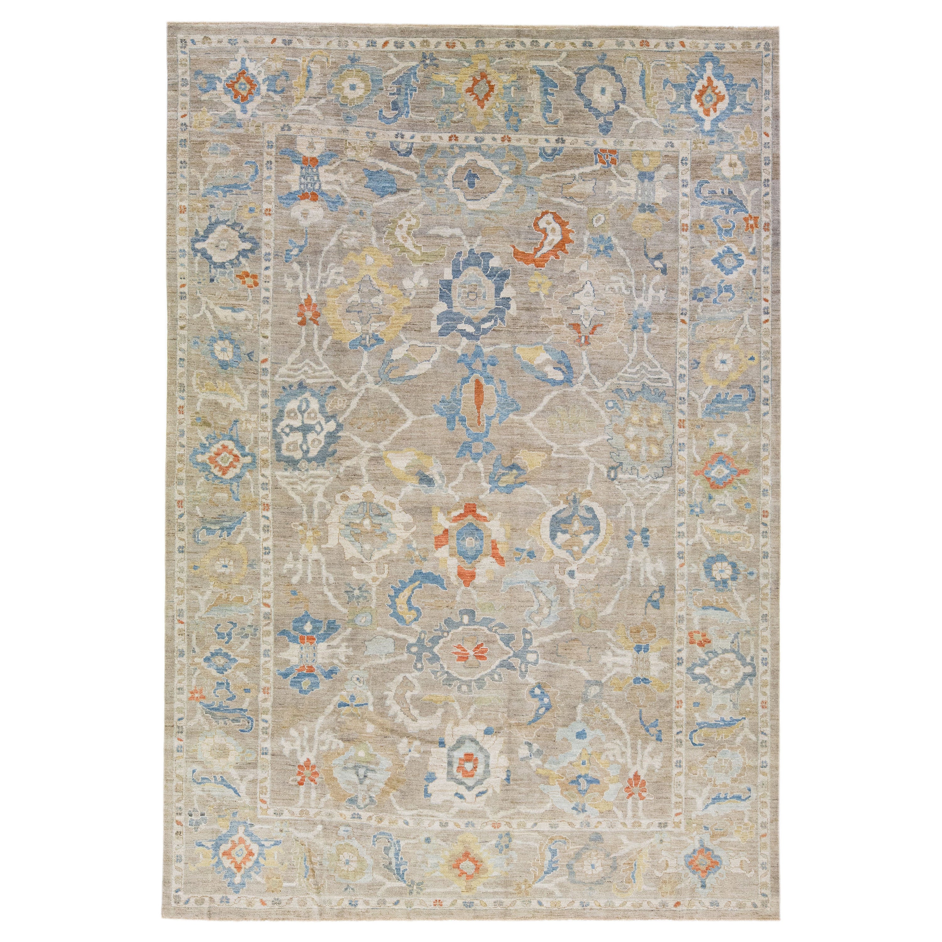 Moderner Sultanabad-Handgefertigter persischer Wollteppich in Beige mit Allover-Muster