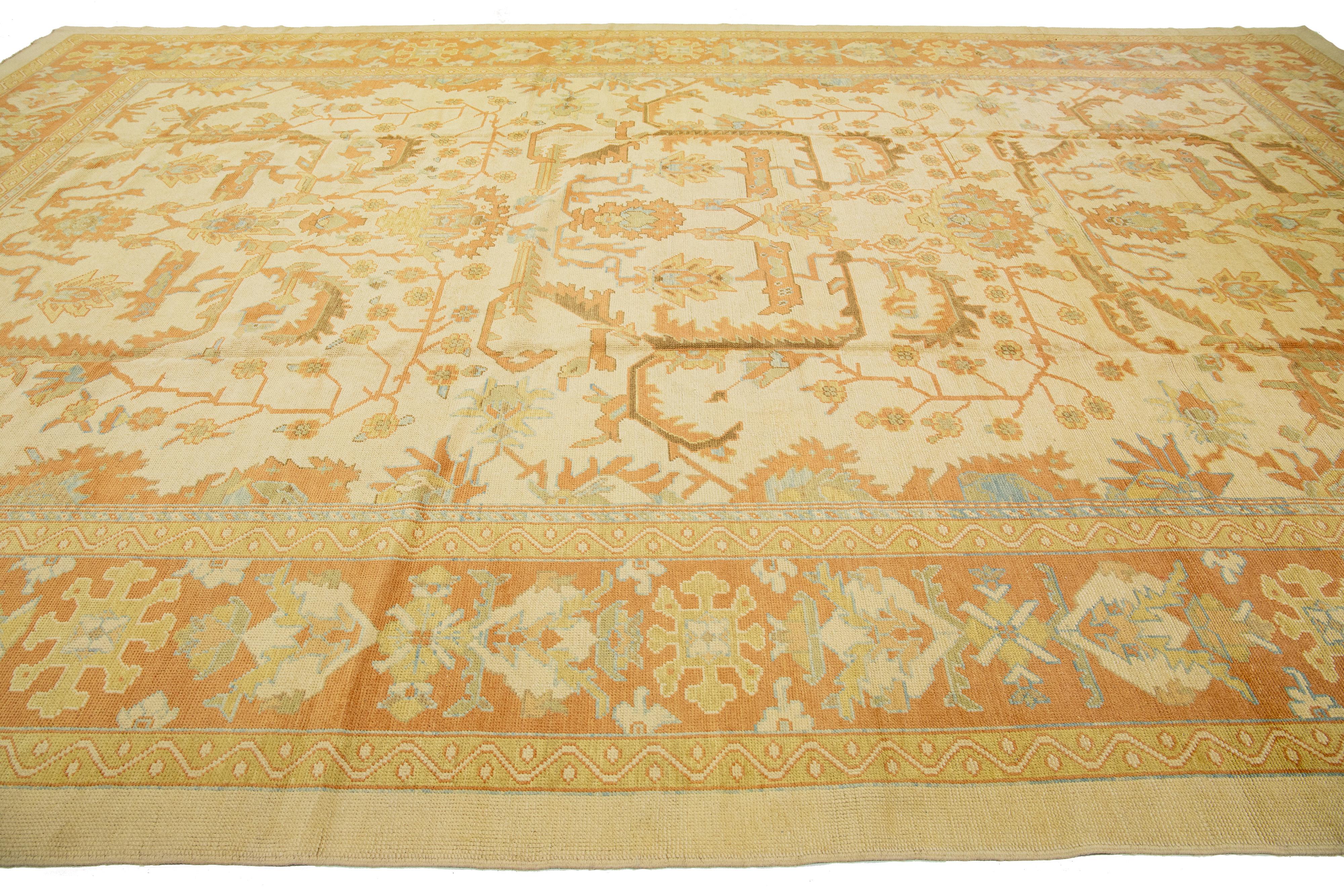 Hand-Knotted Beige Modern Turkish Oushak Rug With Allover Motif For Sale